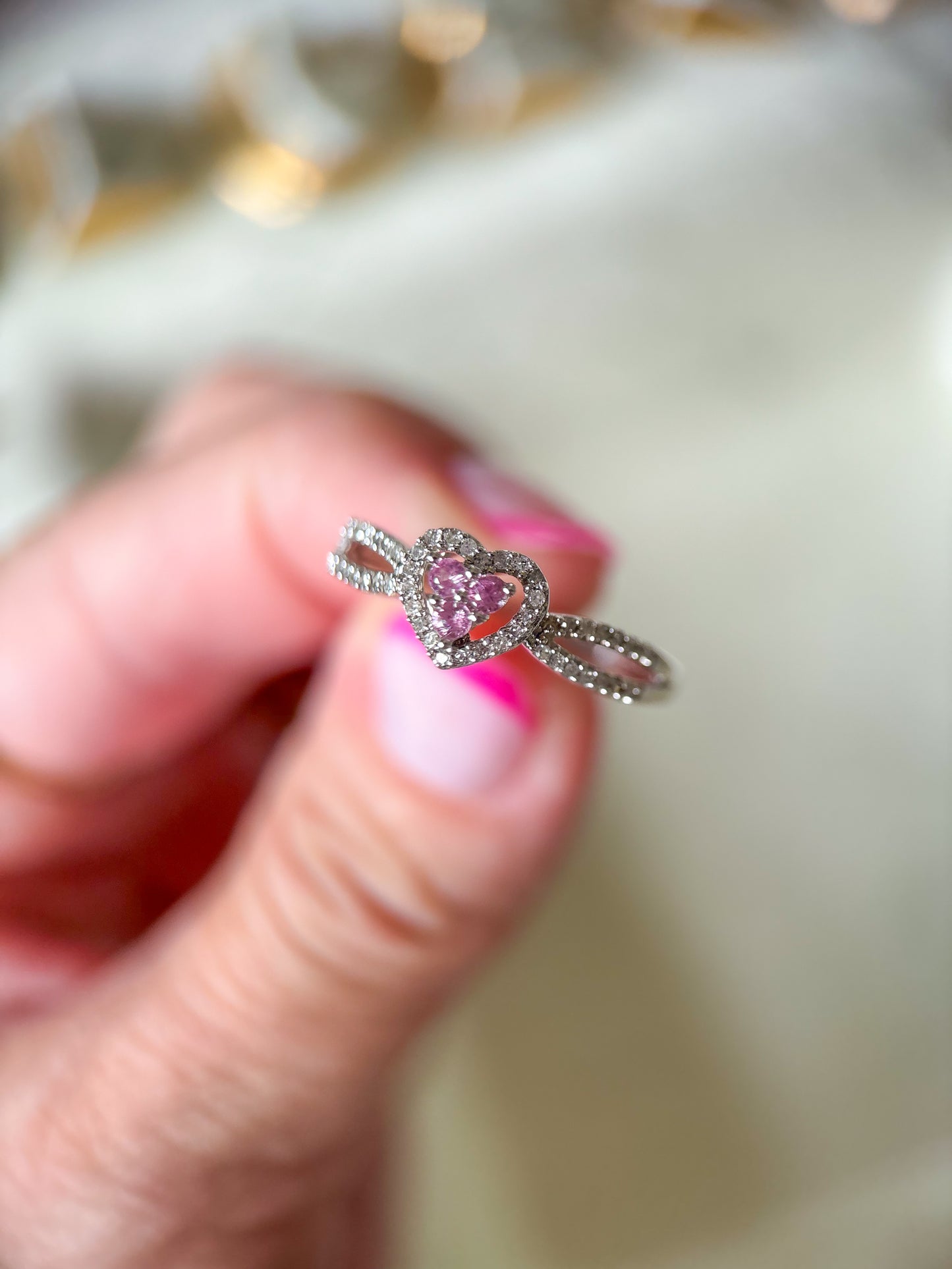 Vintage Natural Diamond and Synthetic Pink Topaz Heart 14k White Gold Ring