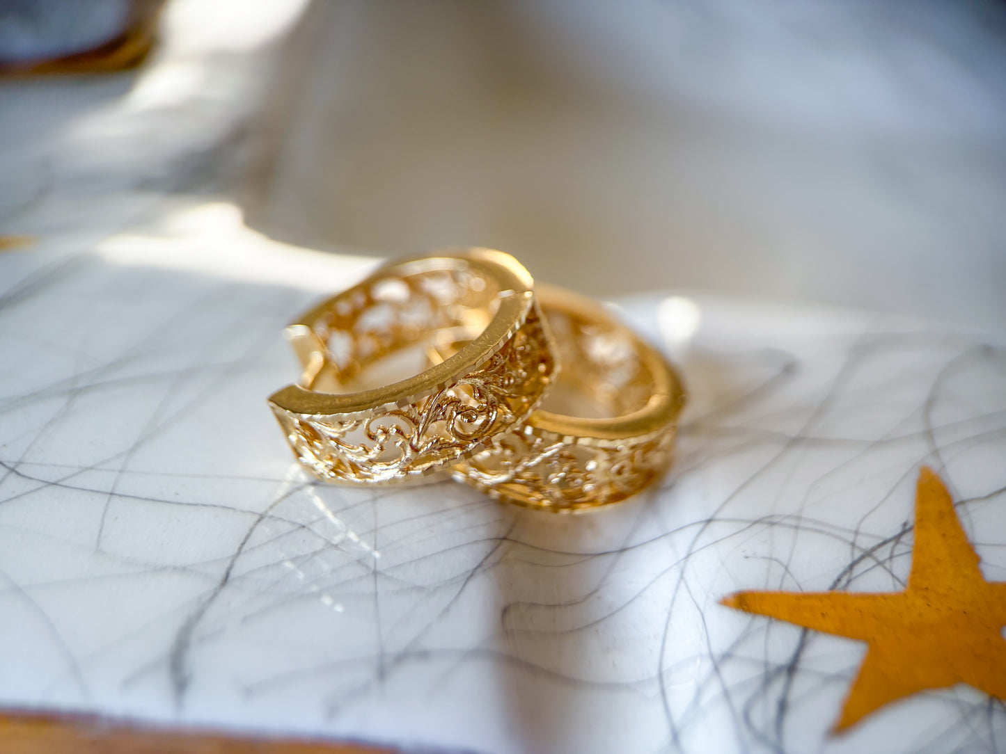 Vintage Filigree Huggies 14k Yellow Gold Earrings