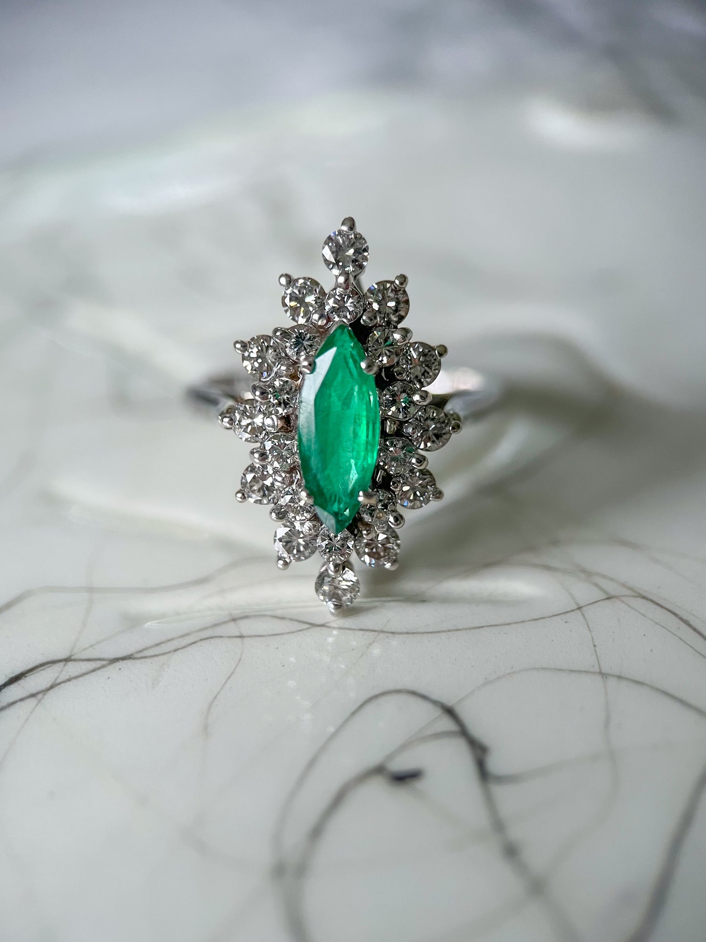 Vintage Natural Emerald and Diamond 14k White Gold Ring