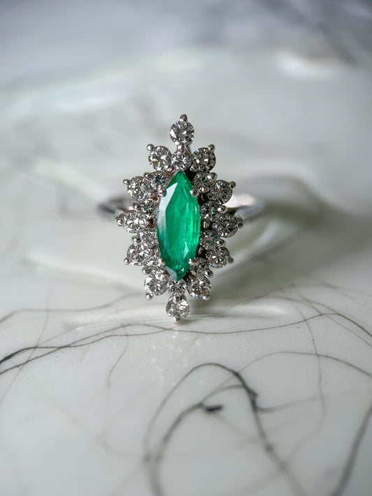 Vintage Natural Emerald and Diamond 14k White Gold Ring