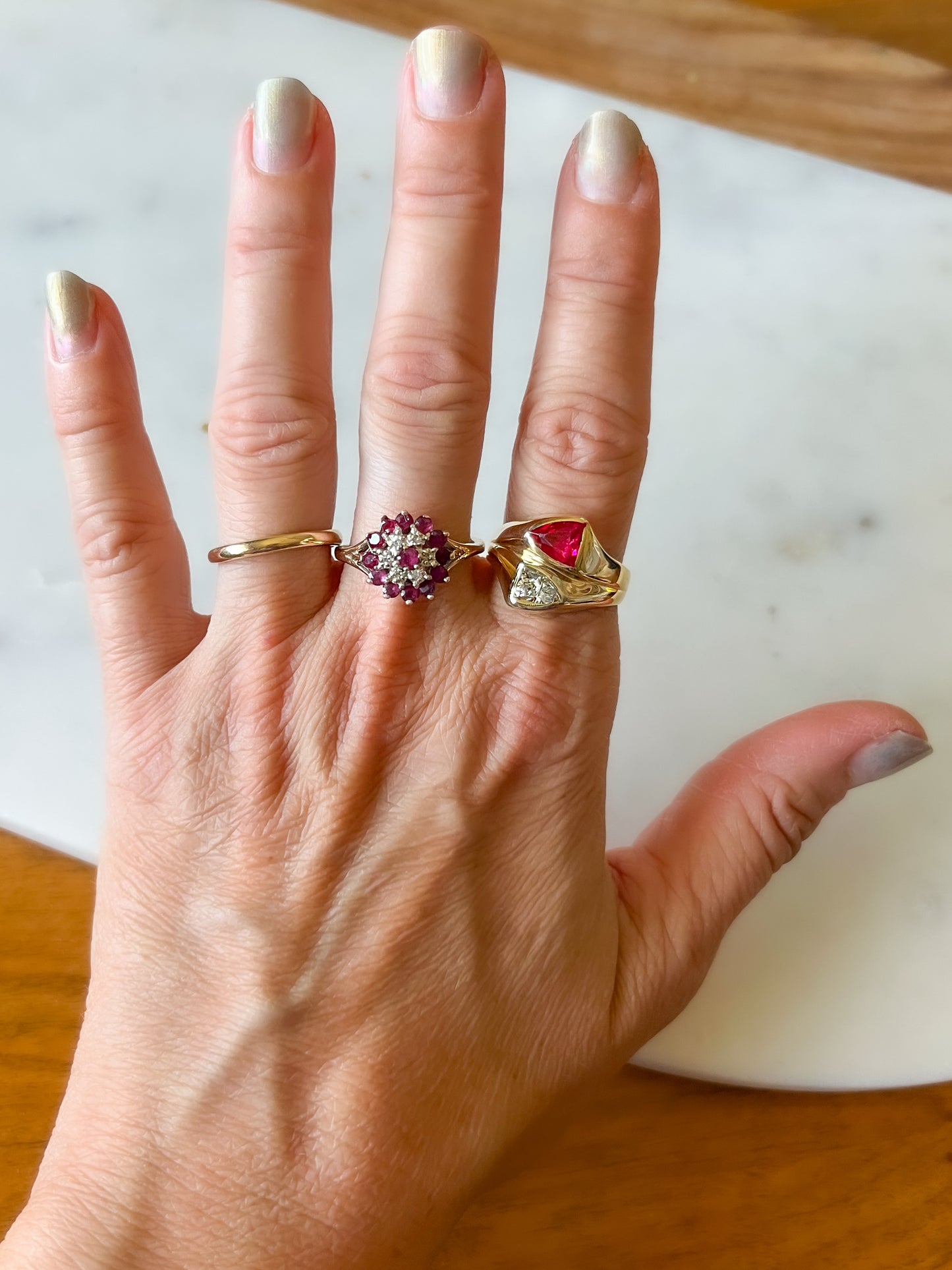 Vintage Natural Ruby and Natural Diamond Cluster 14k Yellow Gold Ring