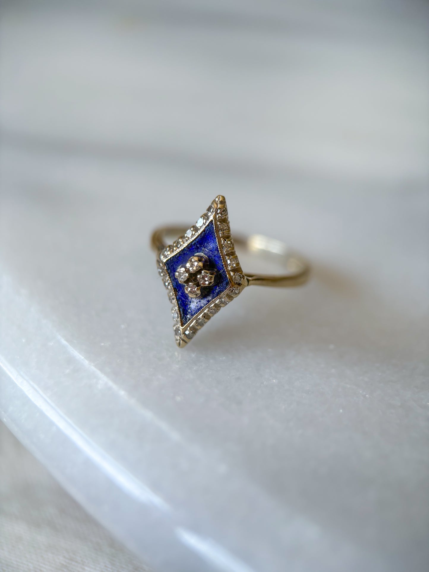 Vintage Enamel and Natural Diamond 10k White Gold Statement Ring
