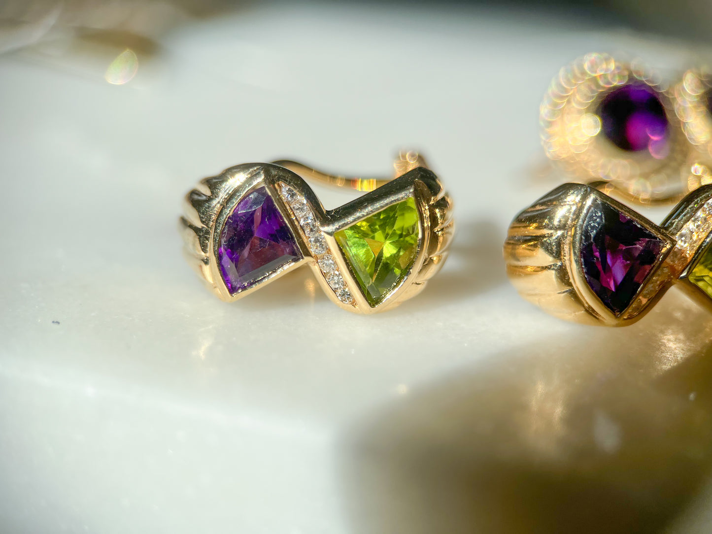 Vintage Natural Amethyst, Peridot and Diamond 14k Yellow Gold Earrings, circa 1980s
