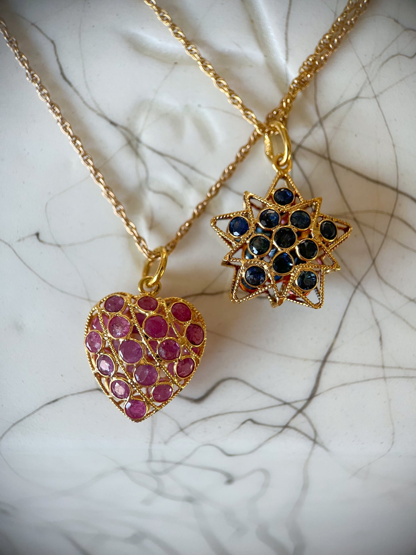 Vintage Natural Sapphire Puffy Star and Vintage Ruby Puffy Heart 18k Yellow Gold Charms, Circa 1990's