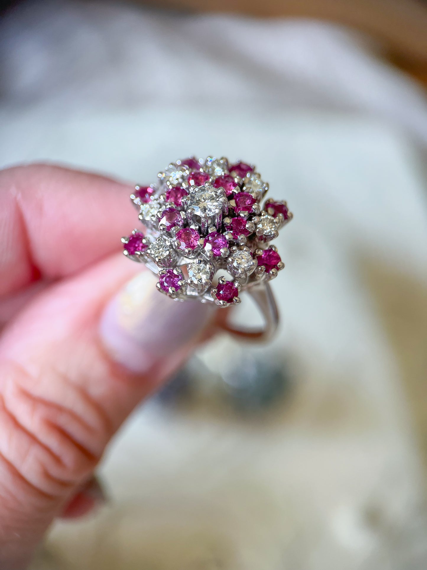 Vintage Natural Ruby and Diamonds 14k White Gold Statement Ring