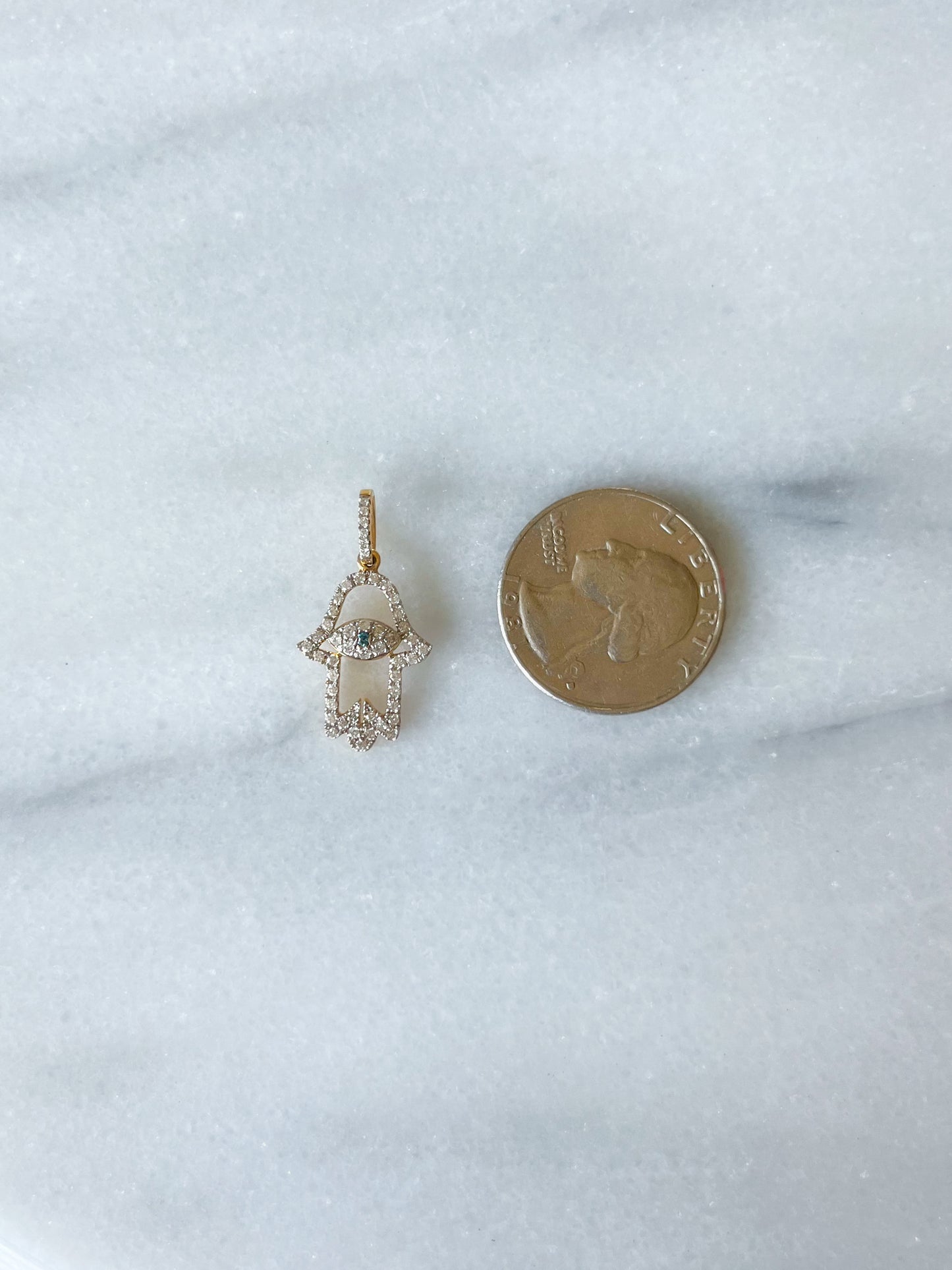 Hamsa Charm with Natural Diamonds and Natural Sapphire 14k Yellow Gold