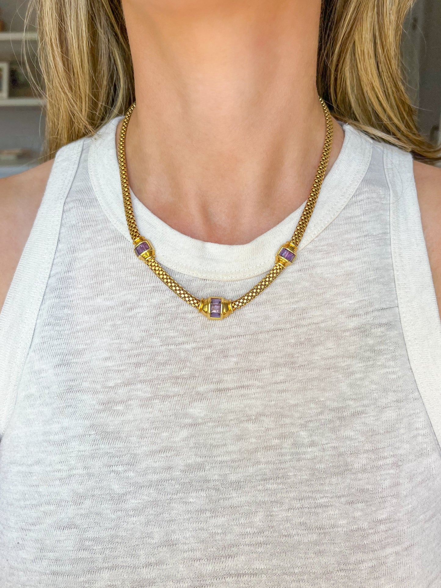Vintage Panther Chain with Natural Amethyst Accents 14k Yellow Gold 17 Inch Necklace