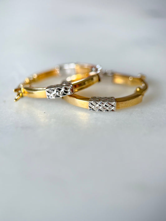 Vintage Two Toned 14k Yellow and White Gold Hoop Earrings