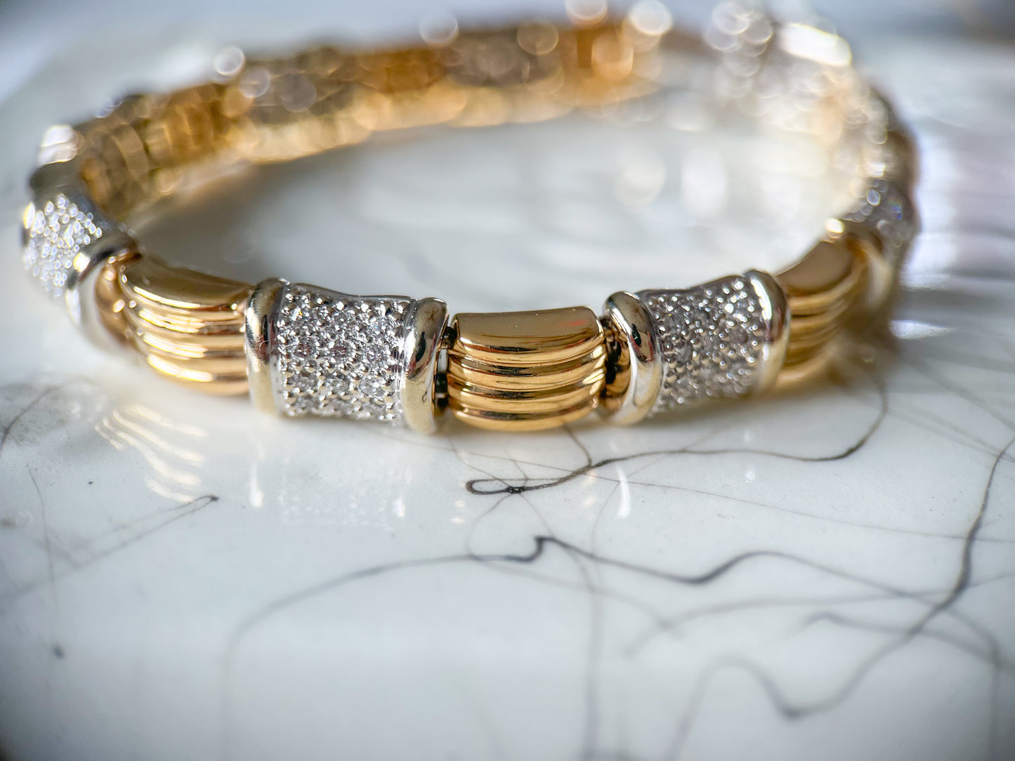 Vintage Natural Diamond 14k White Gold and Yellow Gold Two Toned Heavy 7 Inch Bracelet