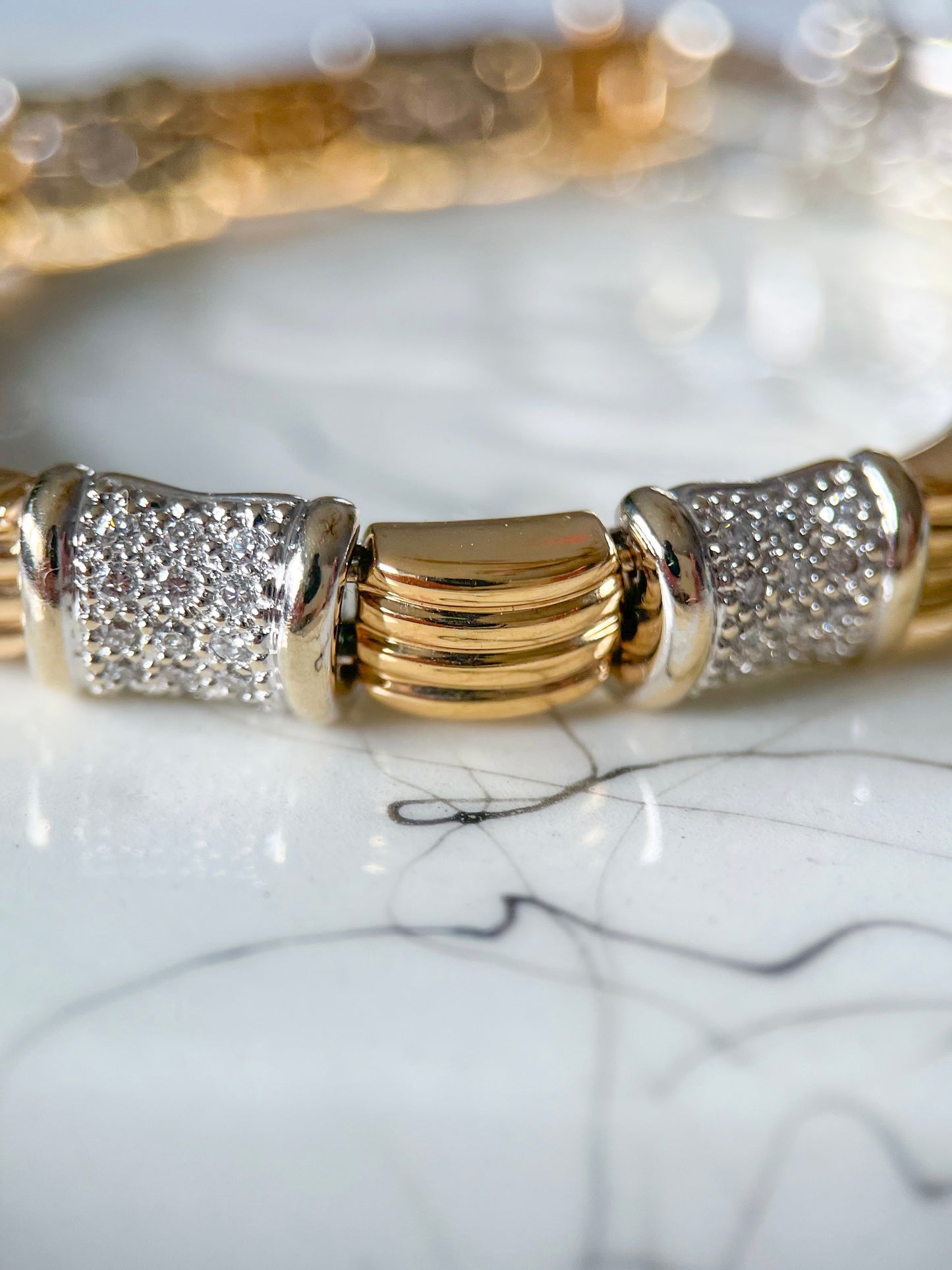 Vintage Natural Diamond 14k White Gold and Yellow Gold Two Toned Heavy 7 Inch Bracelet