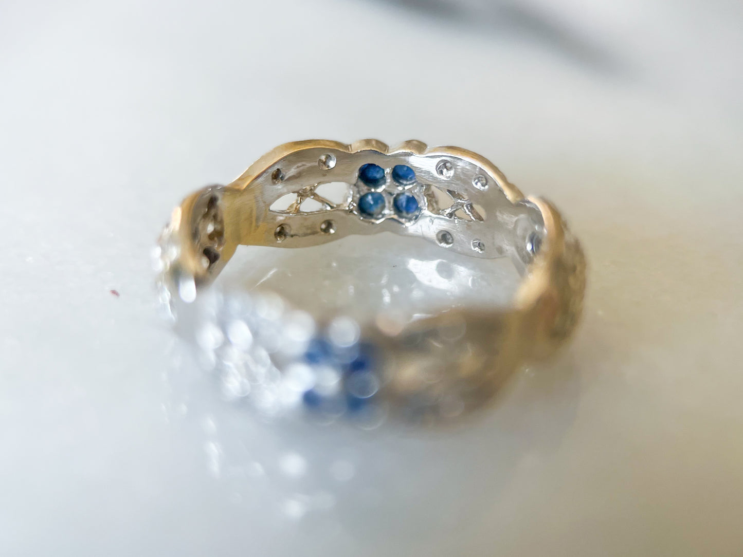 Vintage Natural Sapphire and Diamond Flower 14k White Gold Ring