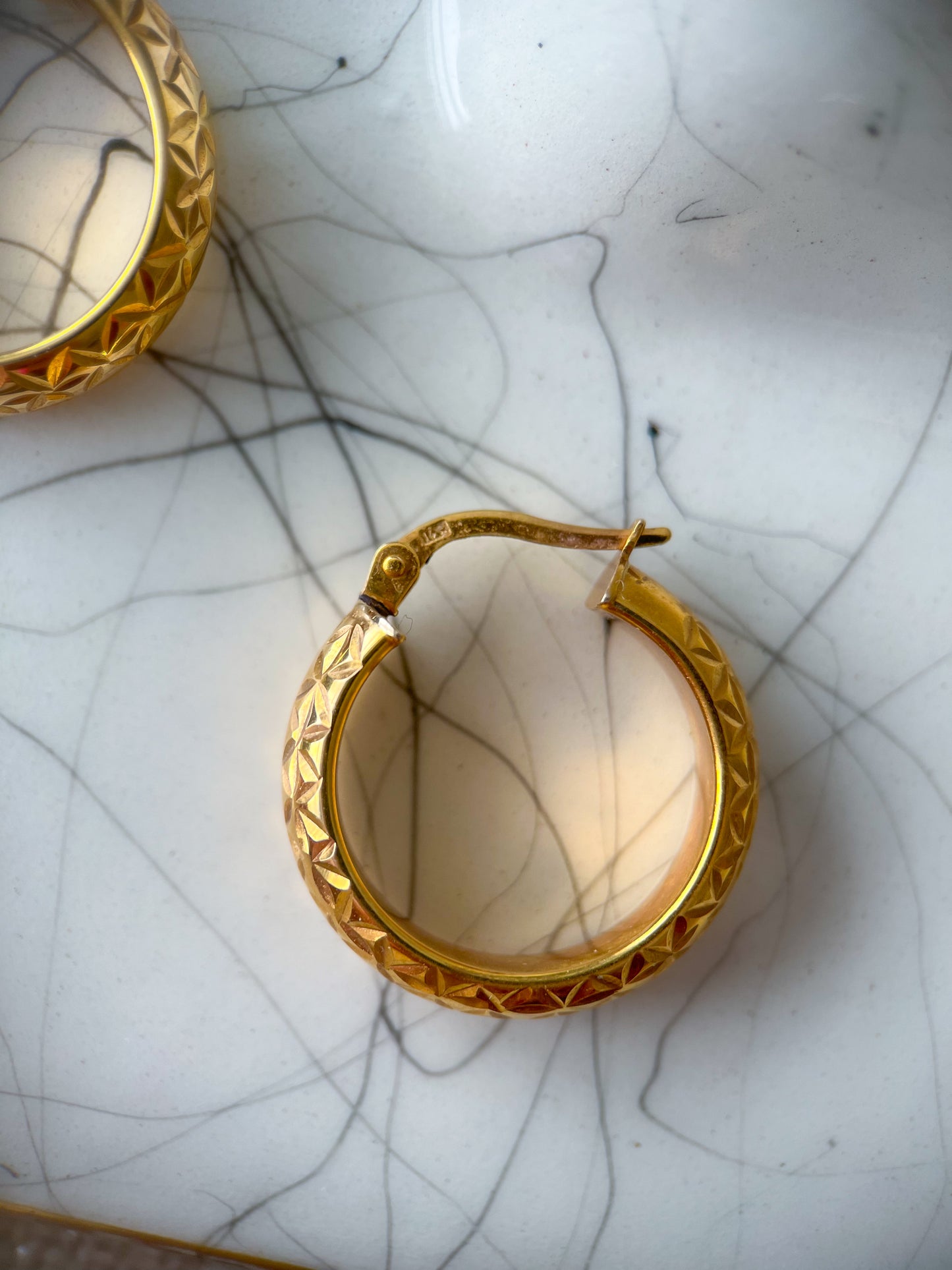 Vintage Puffy Quilted 14k Yellow Gold Hoop Earrings