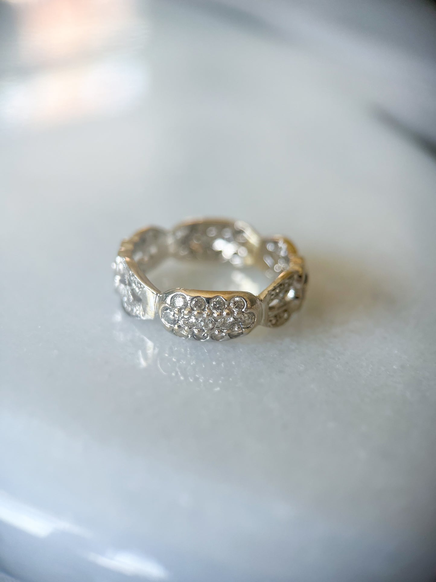 Vintage Natural Sapphire and Diamond Flower 14k White Gold Ring