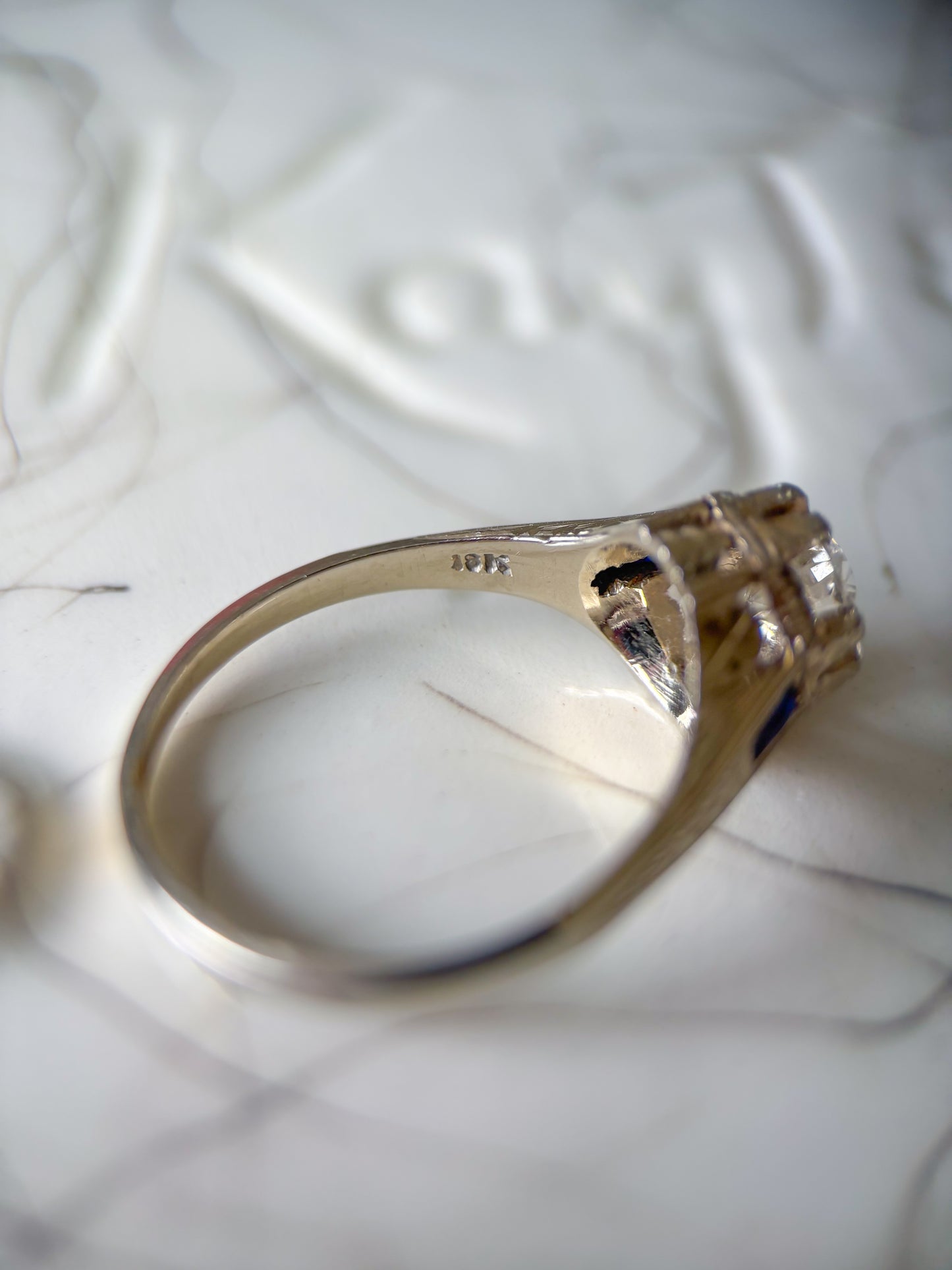 Vintage Natural Old Miner Diamond and Natural Sapphire 18k White Gold Ring