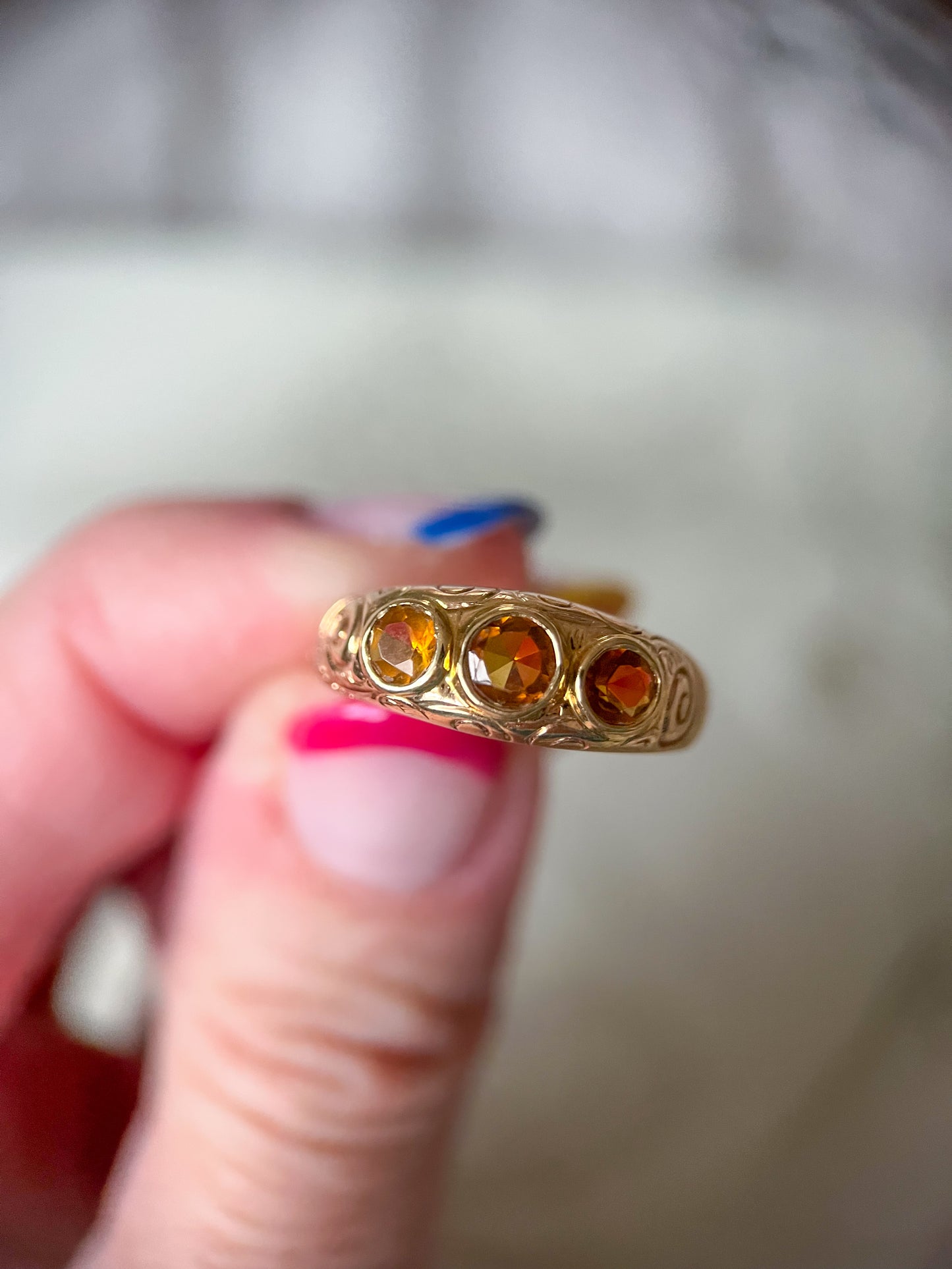 Vintage Three Stone Natural Citrine 10k Yellow Gold Ring