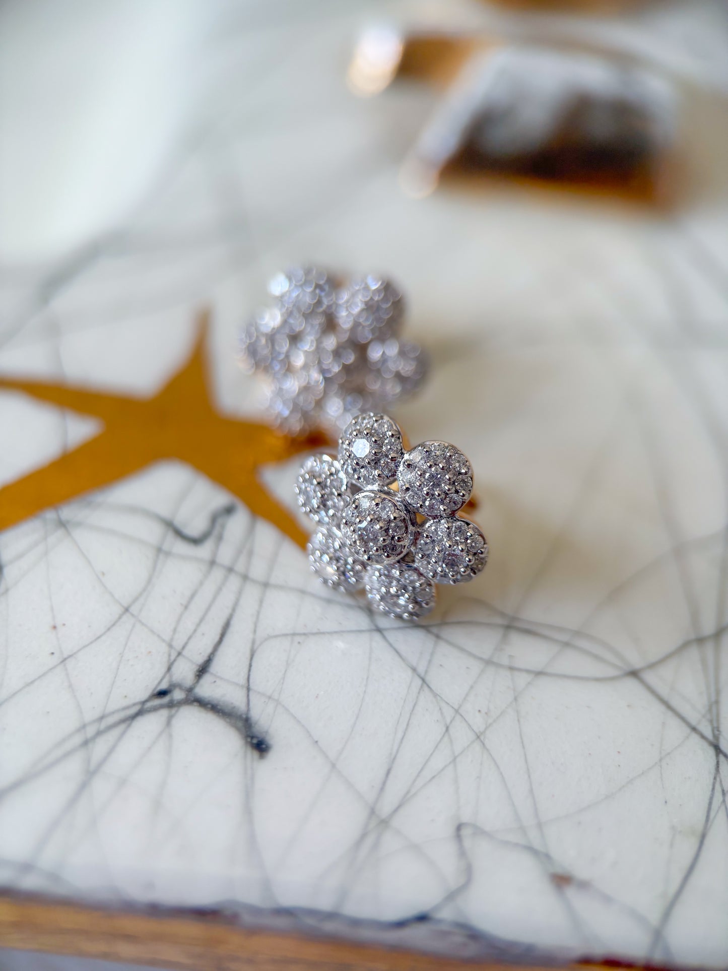 Vintage Natural Diamond Flower 14k Yellow Gold Stud Earrings