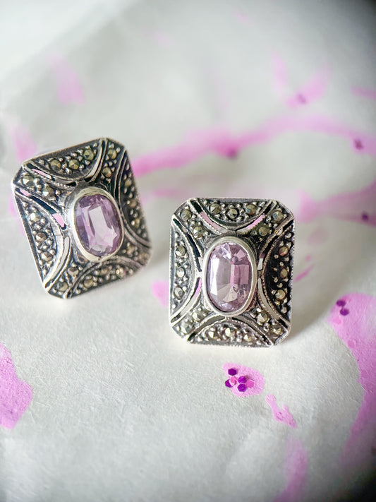 Vintage Oval Amethyst Marcasite Sterling Silver Stud Earrings