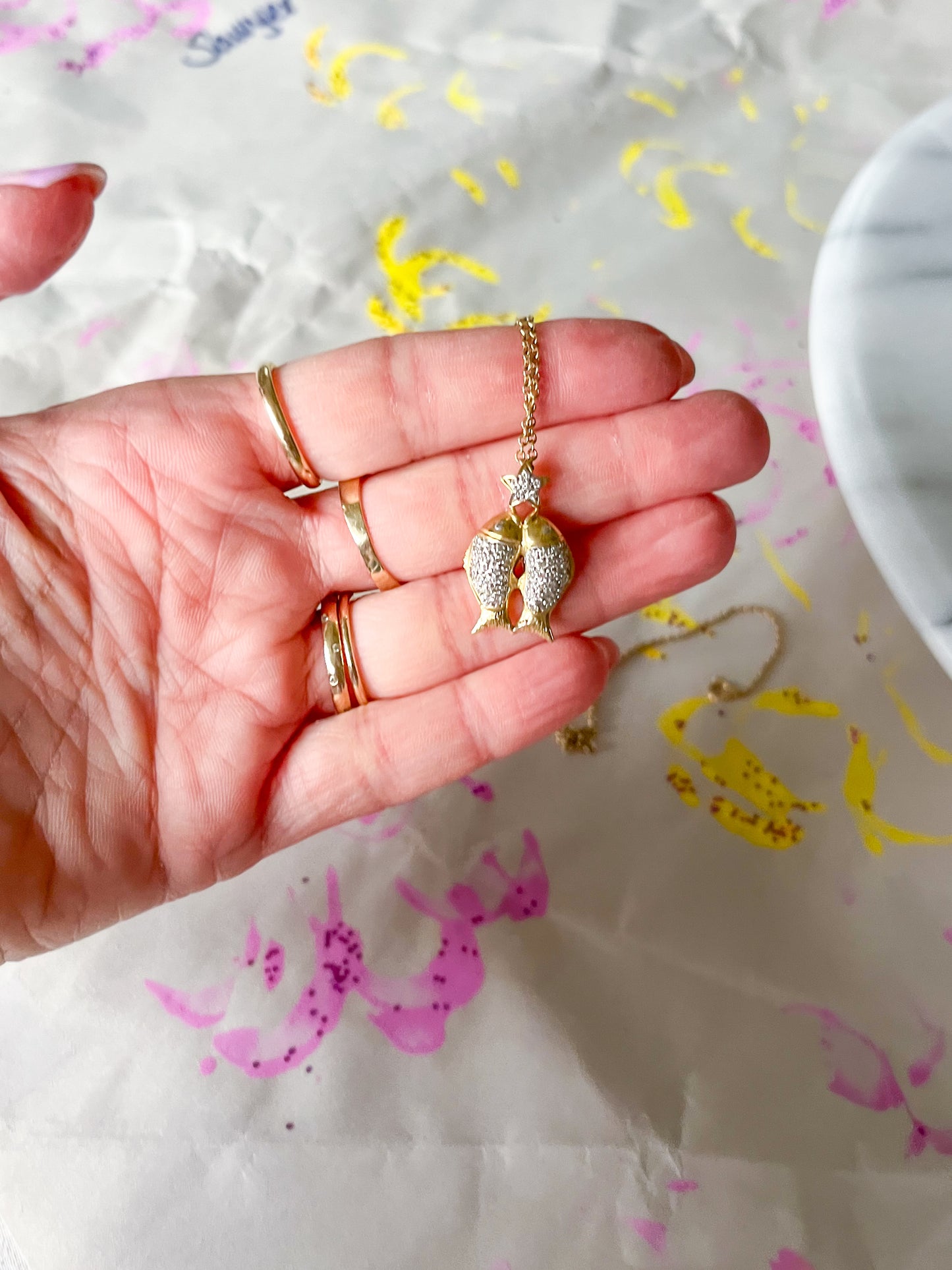 Natural Diamond Puffy Double Fish and Star 14k Yellow Gold Charm