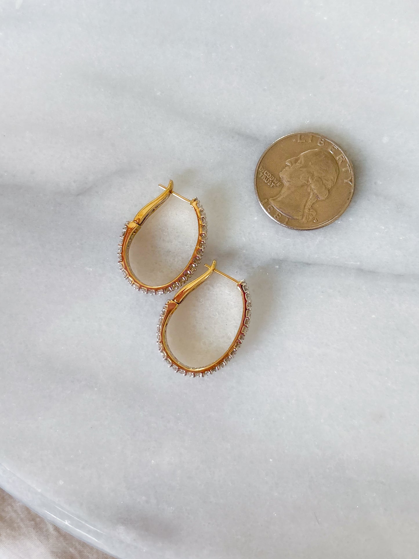 Natural Diamond Two Row Oval Hoop 14k Yellow Gold Earrings