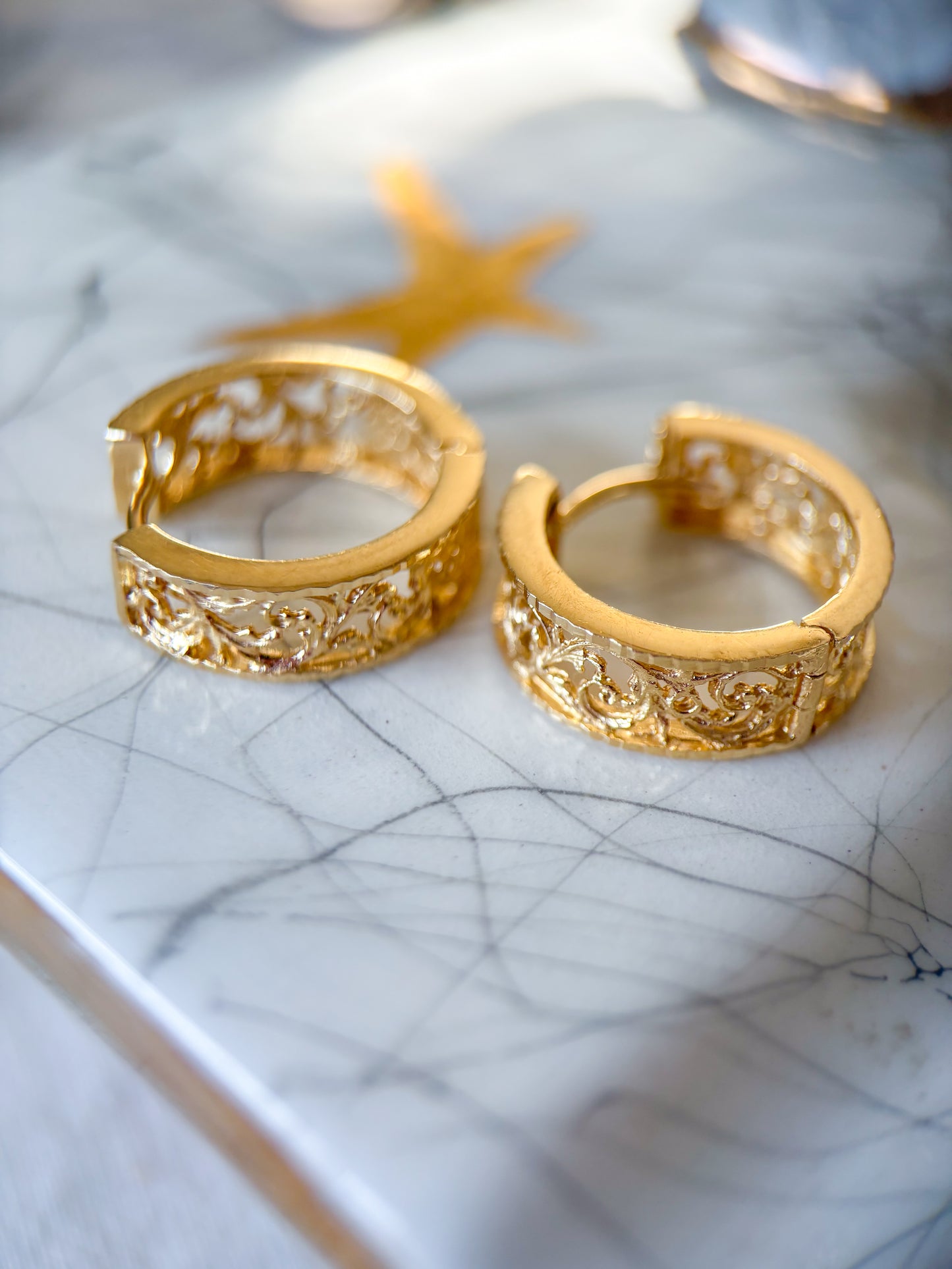 Vintage Filigree Huggies 14k Yellow Gold Earrings