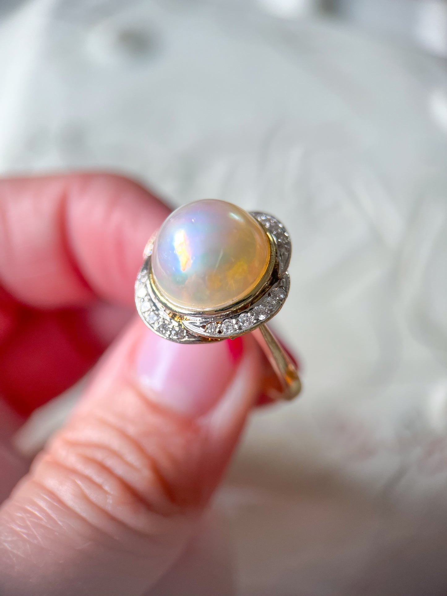 Vintage Pearl and Natural Diamond 14k Yellow Gold Statement Ring