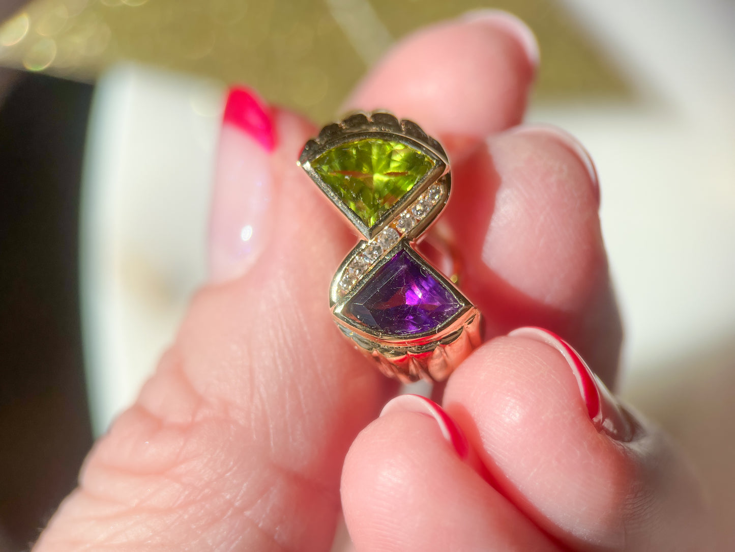 Vintage Natural Amethyst, Peridot and Diamond 14k Yellow Gold Earrings, circa 1980s