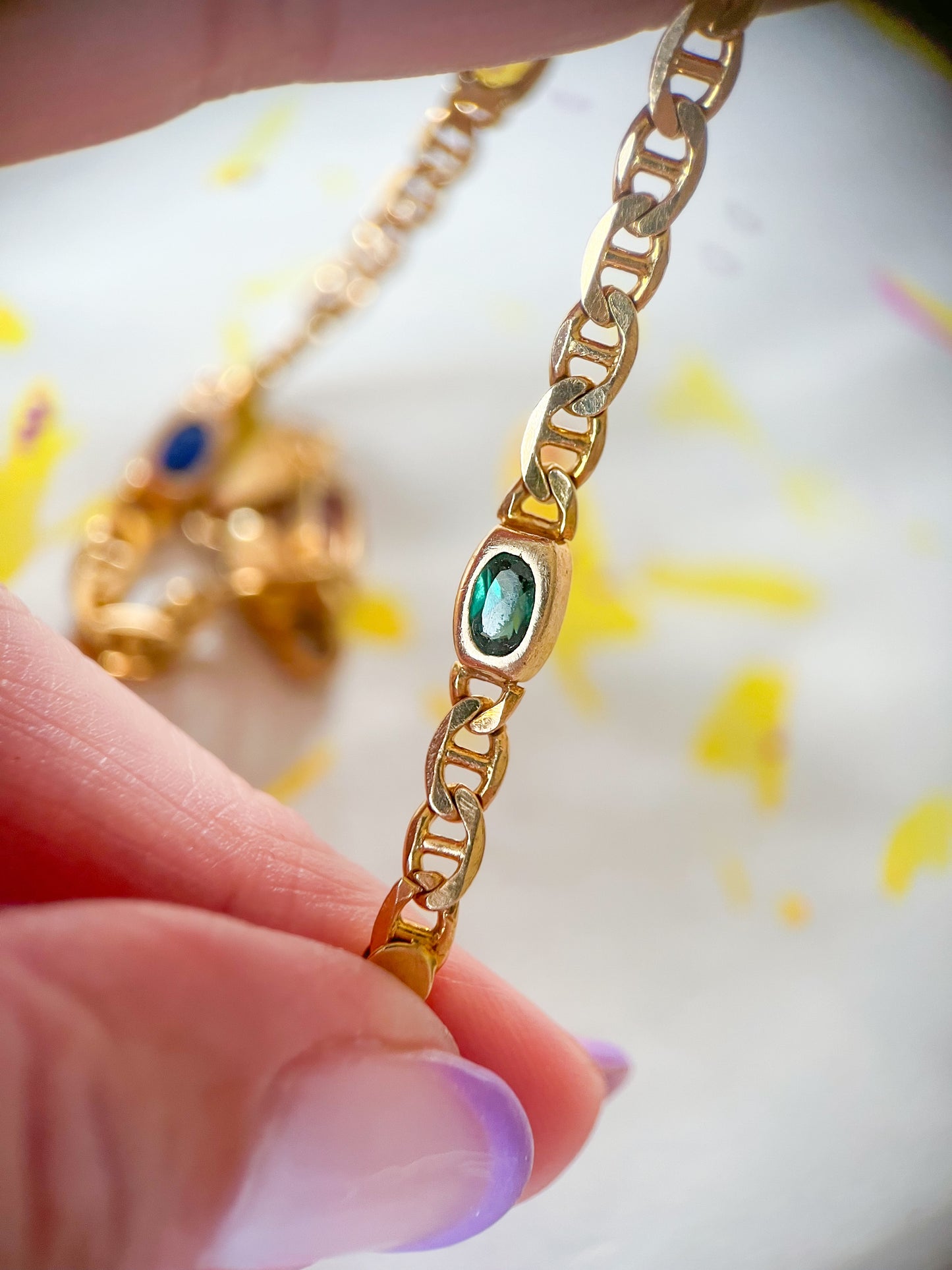 Vintage Multi Gemstone (Synthetic) 14k Yellow Gold Mariner Chain 8 Inch Bracelet