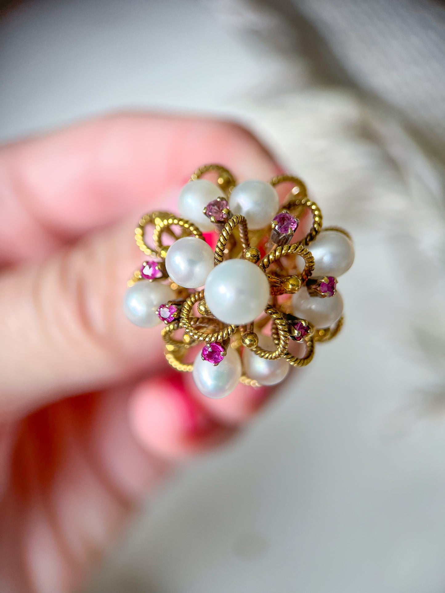 Vintage Cocktail Ring with Pearls and Rubies set in 14k Yellow Gold
