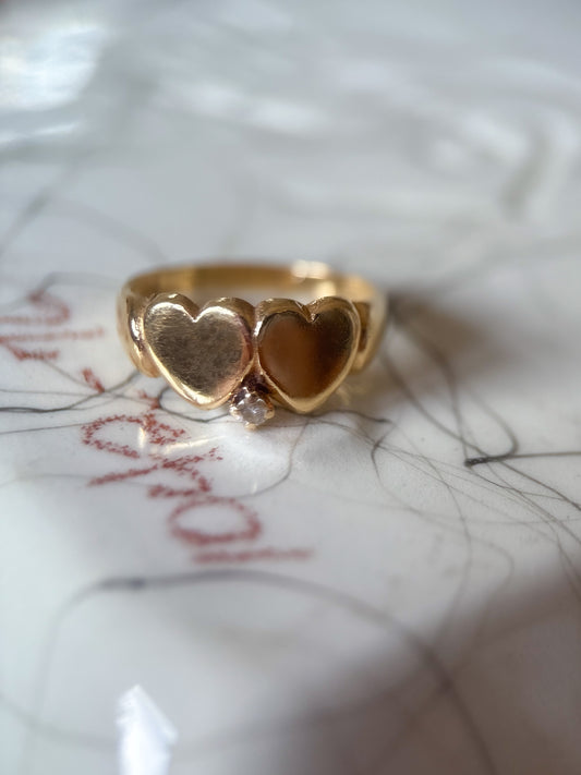 Vintage Double Heart with Natural Diamond 14k Yellow Gold Ring