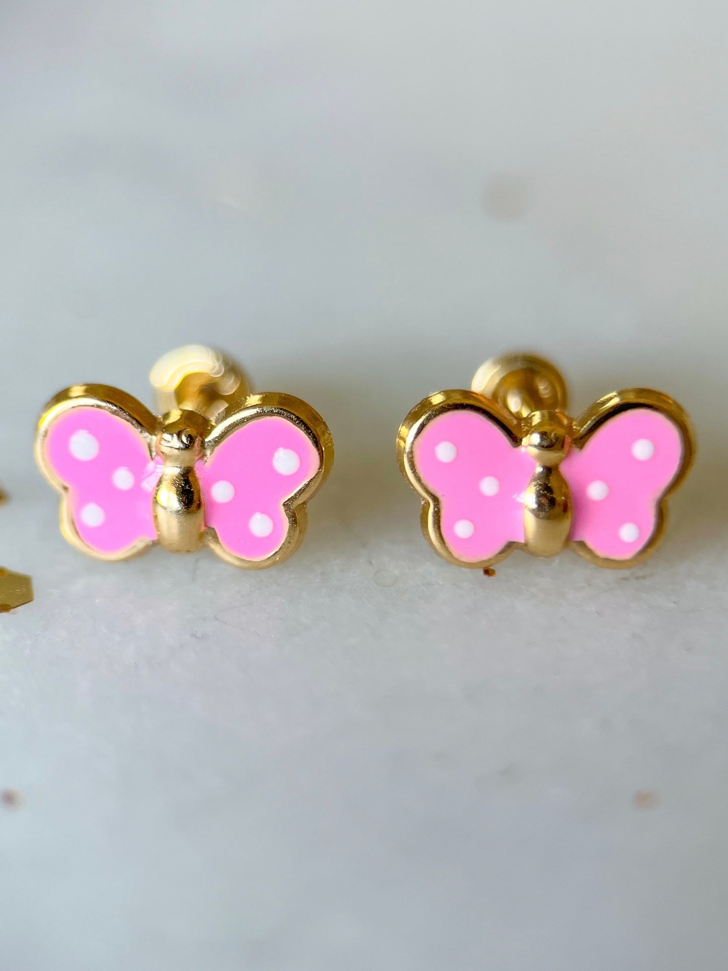 Mini 14k Yellow Gold Pink Butterfly Stud Earrings