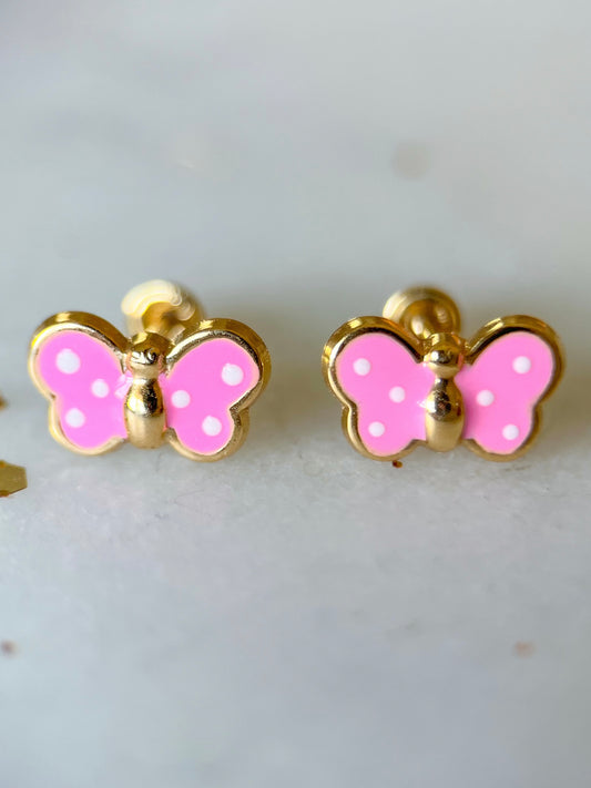 Mini 14k Yellow Gold Pink Butterfly Stud Earrings