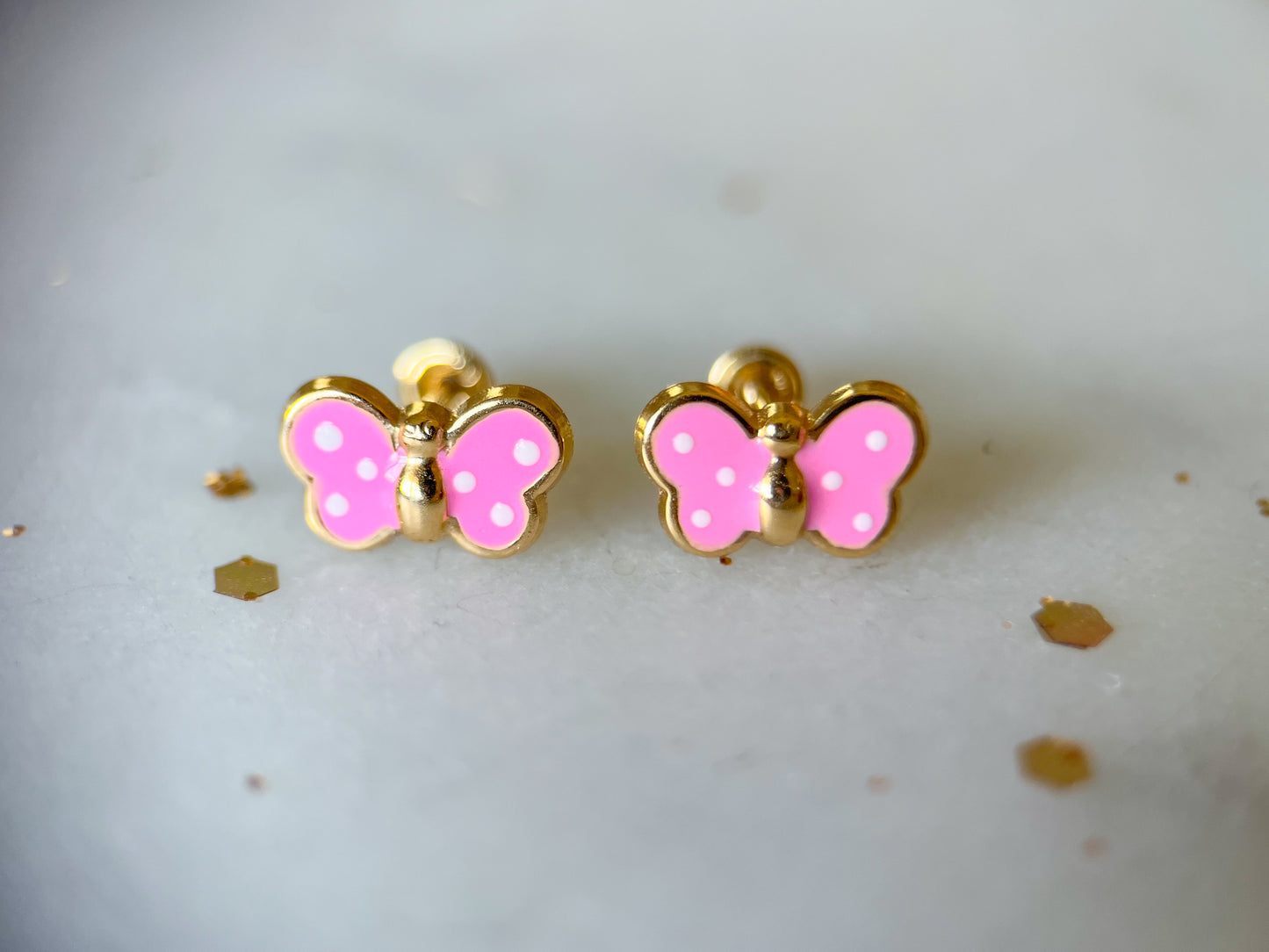 Mini 14k Yellow Gold Pink Butterfly Stud Earrings
