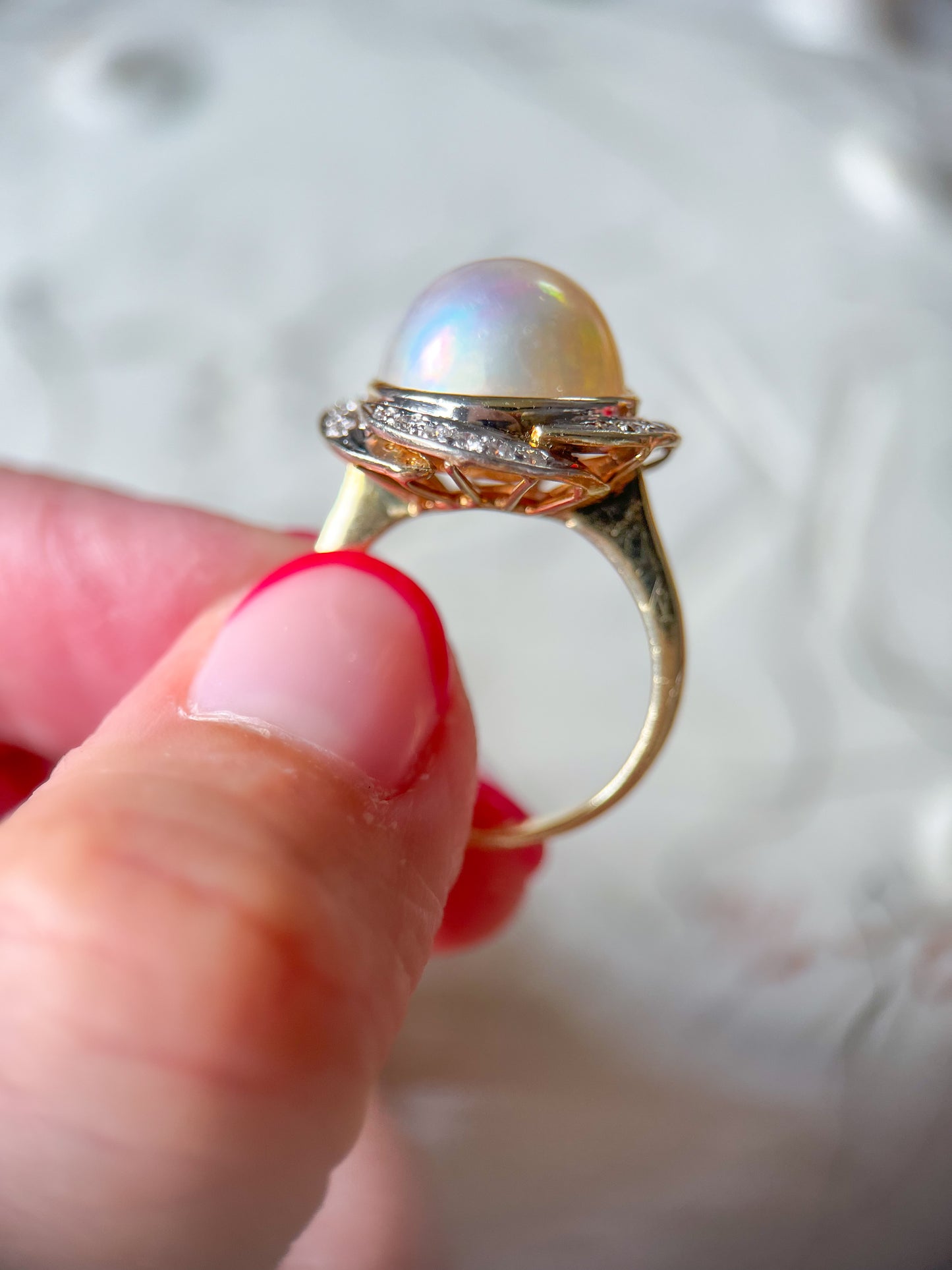 Vintage Pearl and Natural Diamond 14k Yellow Gold Statement Ring