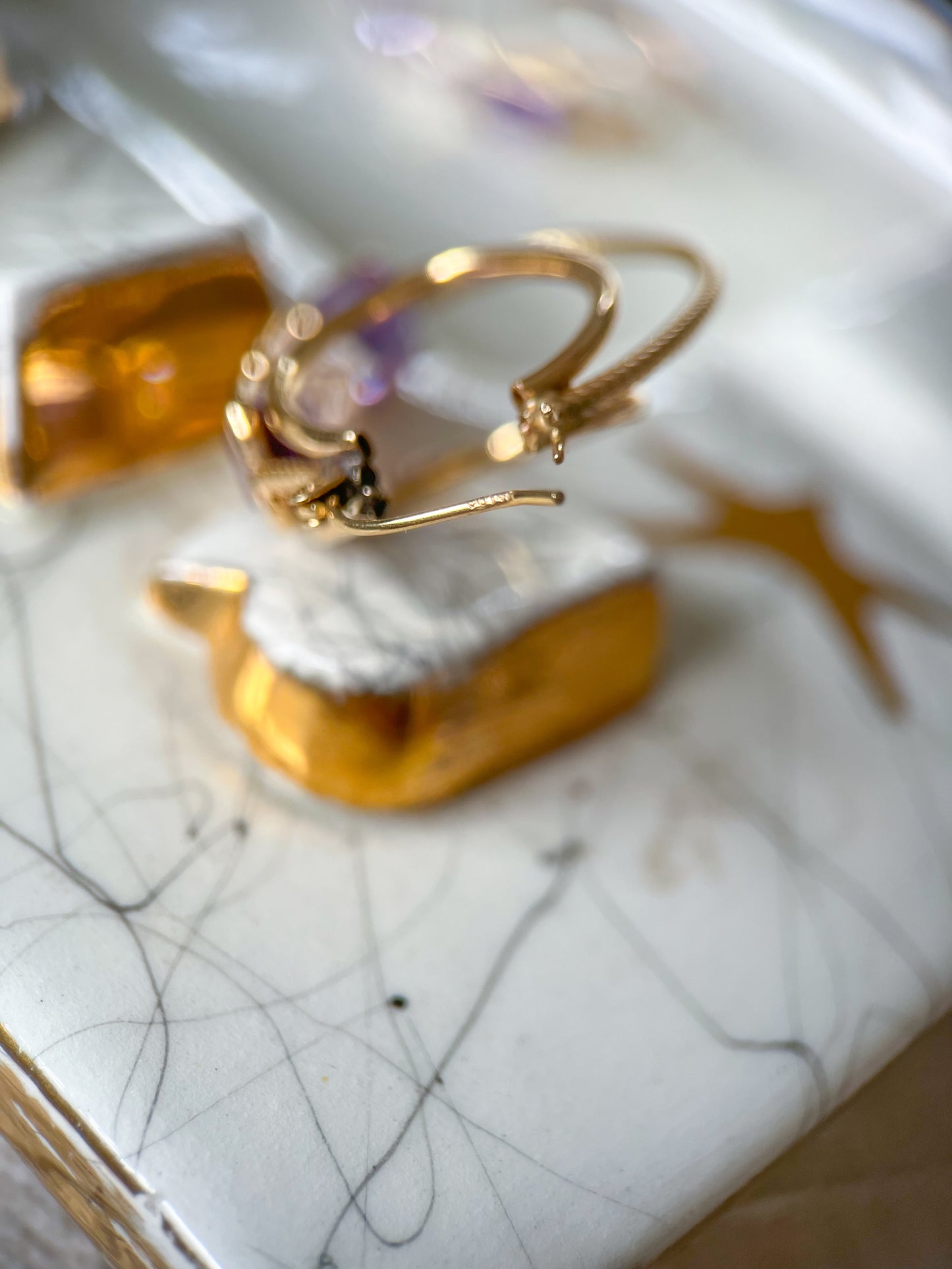 Vintage Amethyst and CZ Three Stone 14k Yellow Gold Hoop Earrings