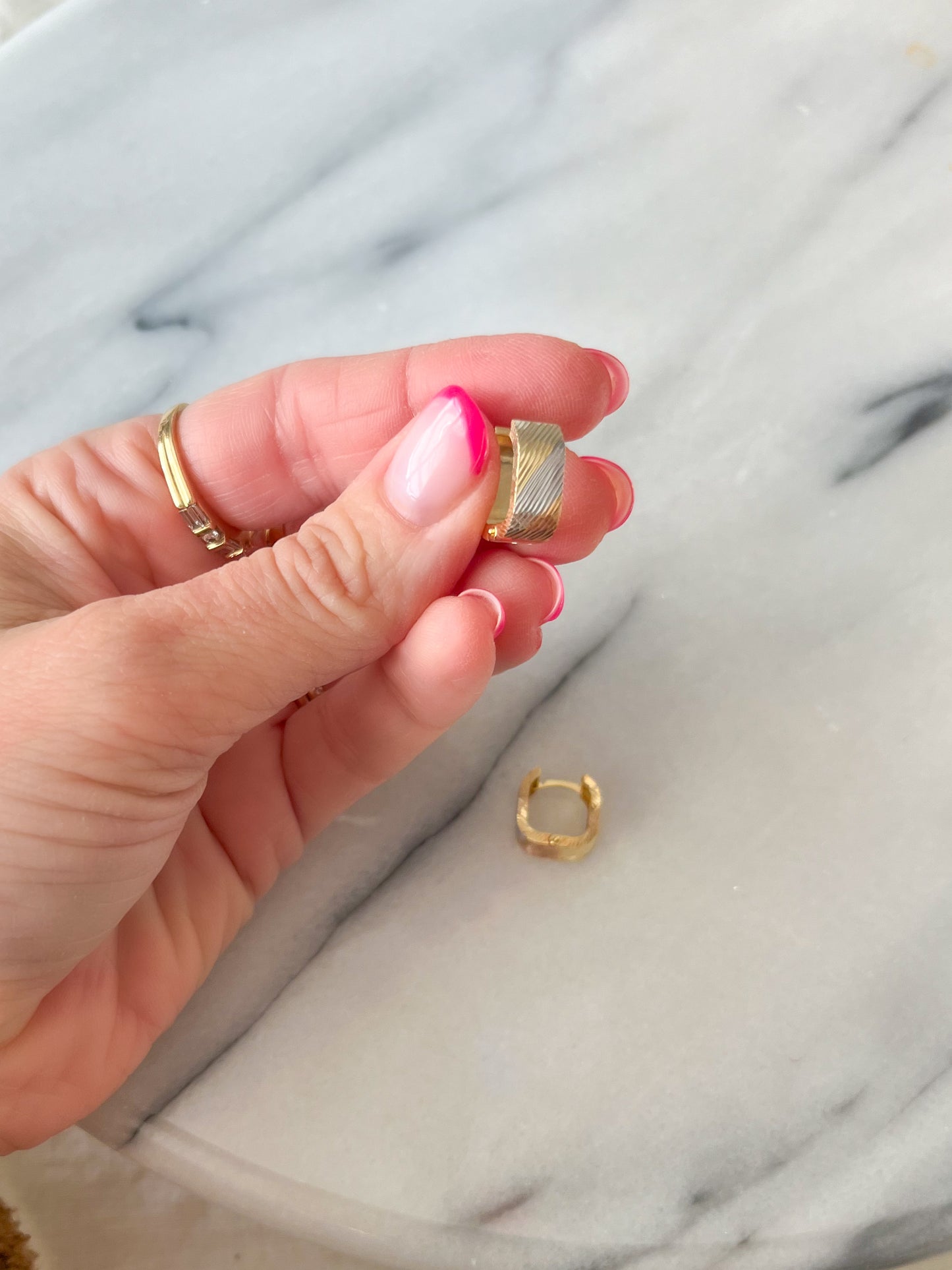 14k Tri Color Yellow, White and Rose Gold Squared Huggies