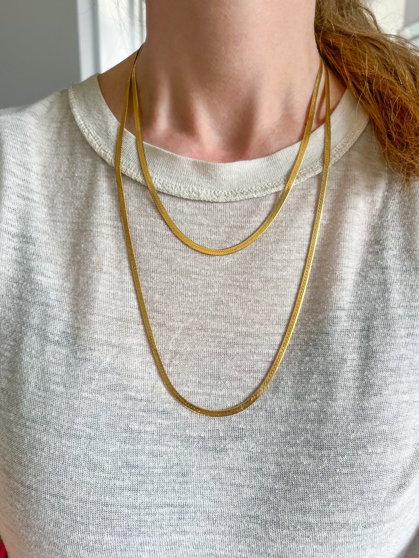 Vintage Herringbone Chain Necklaces 14k Yellow Gold - Two Lengths