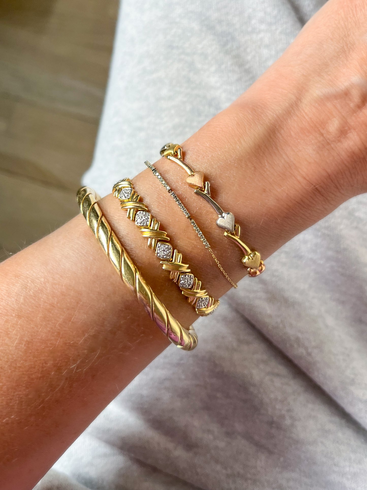 Tri Color White, Rose, Yellow Gold Heart 7.5 Inch Bracelet