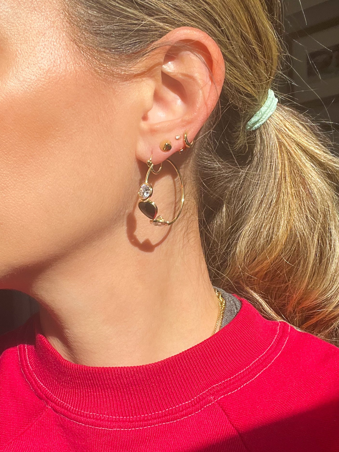 Vintage Onyx and CZ Three Stone Hoop Earrings