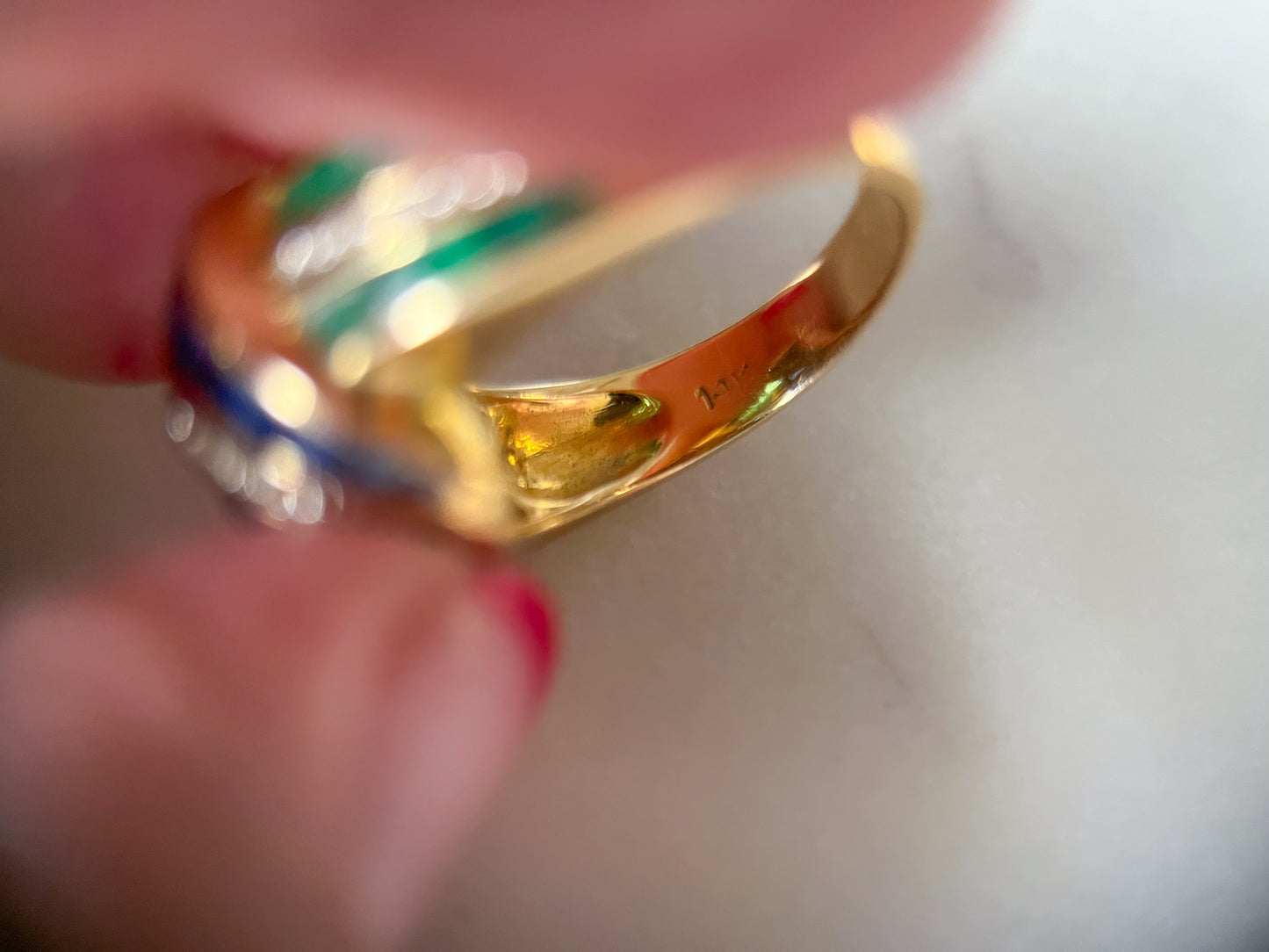 Vintage 14k Yellow Gold Natural Sapphire, Ruby, Emerald and Diamond Ring, circa 1990s