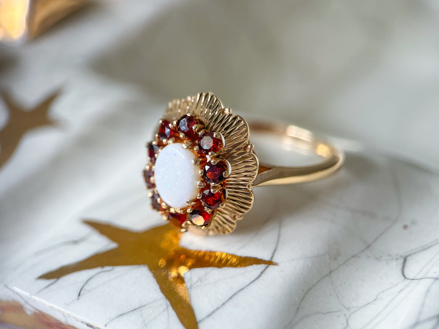 Vintage Natural Opal and Garnet 10k Yellow Gold Siffari Ring