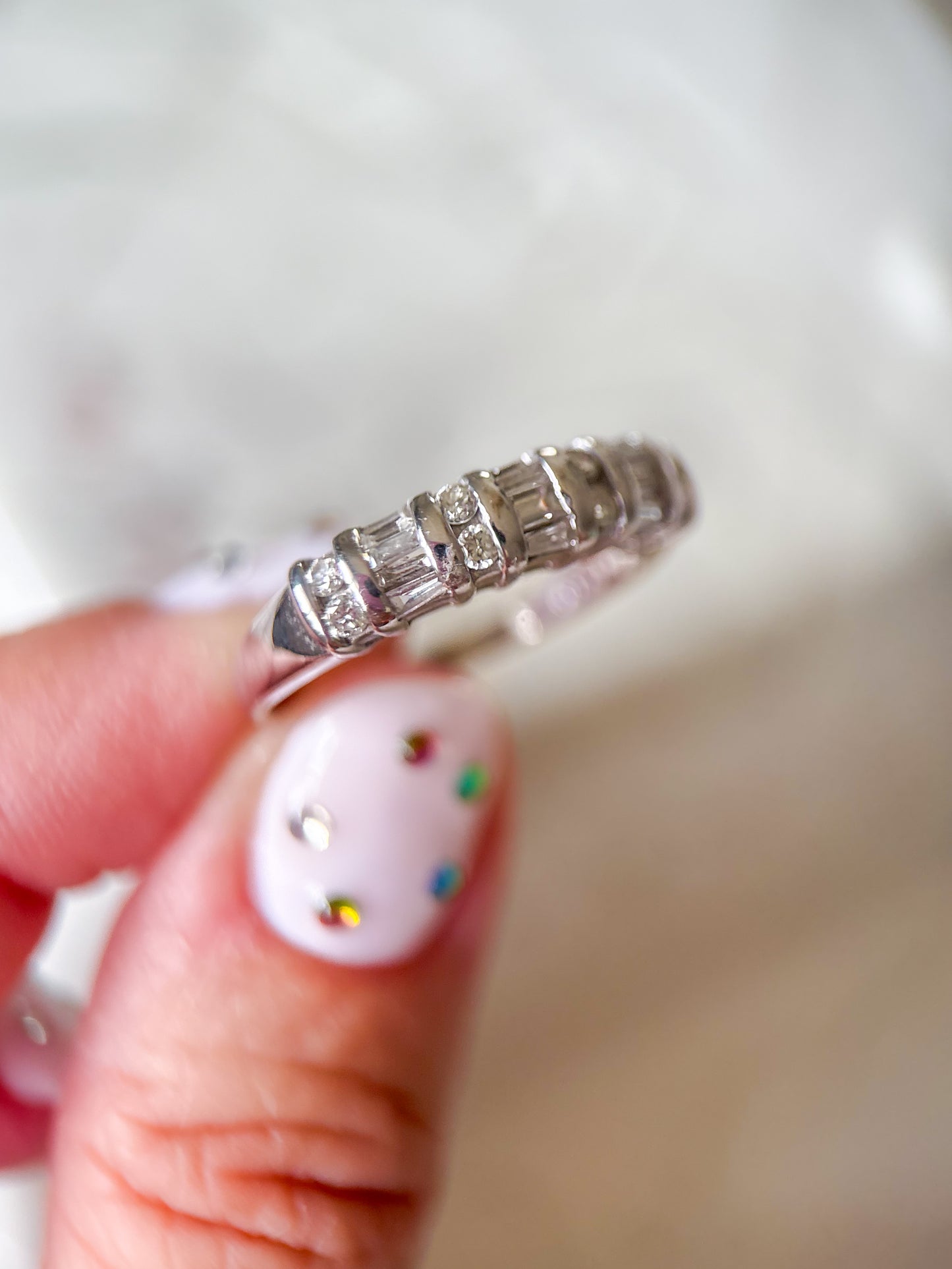 Vintage Natural Round and Baguette Diamond 14k White Gold Half Band Ring