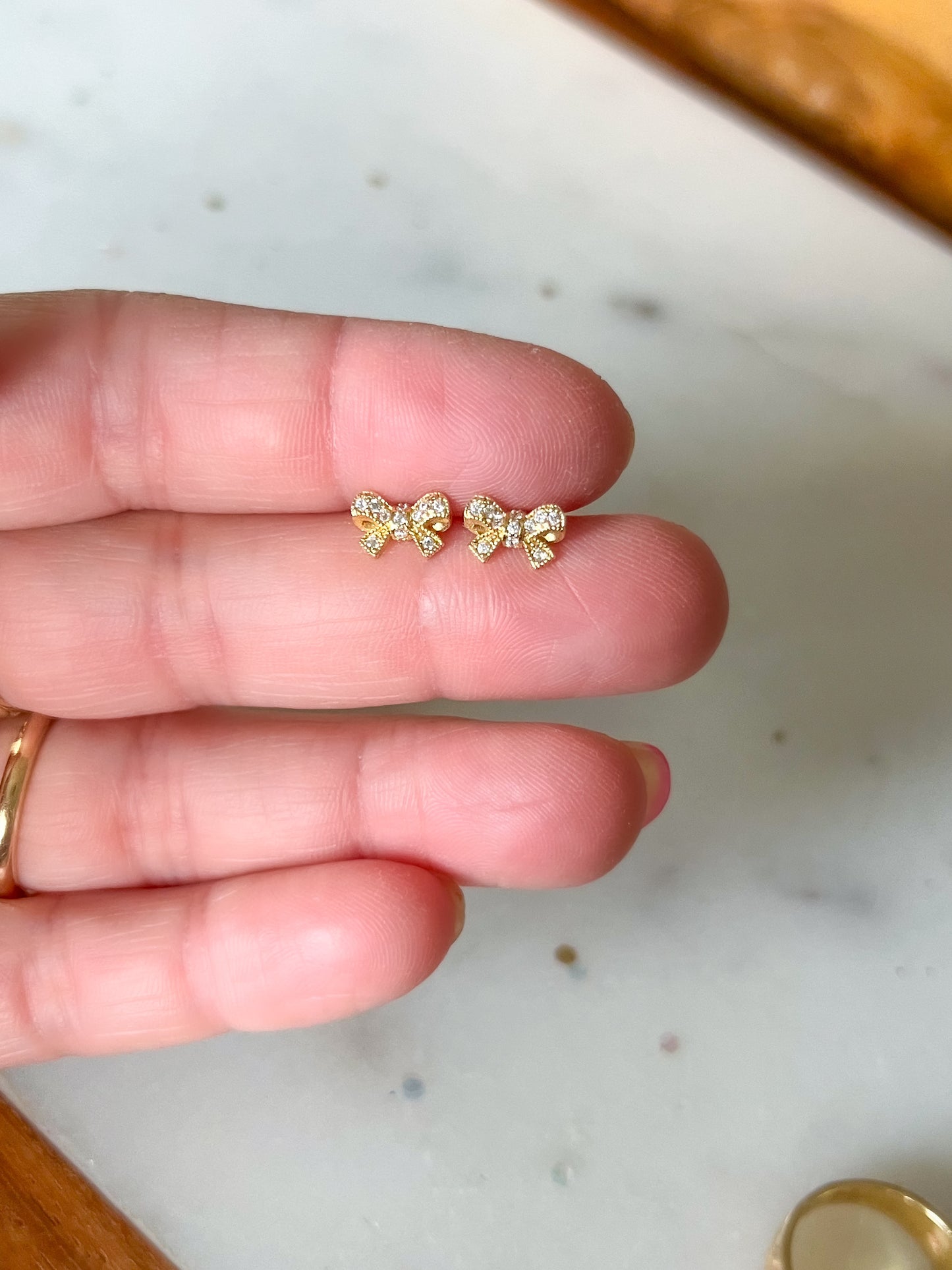 Mini 14k Yellow Gold Ribbons with CZ Stud Earrings