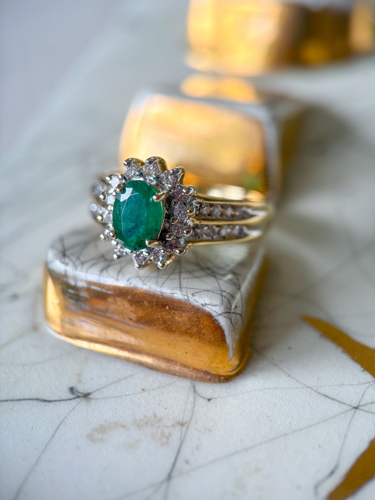 Vintage Natural Emerald and Natural Diamond 14k Yellow Gold Ring