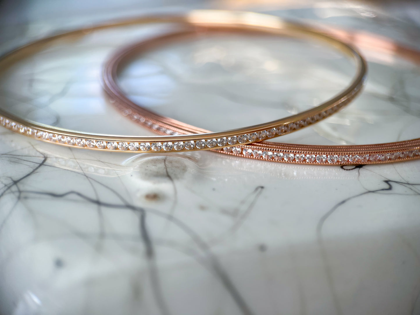 14k Yellow and Rose Gold Bangles with CZs in Channel Settings