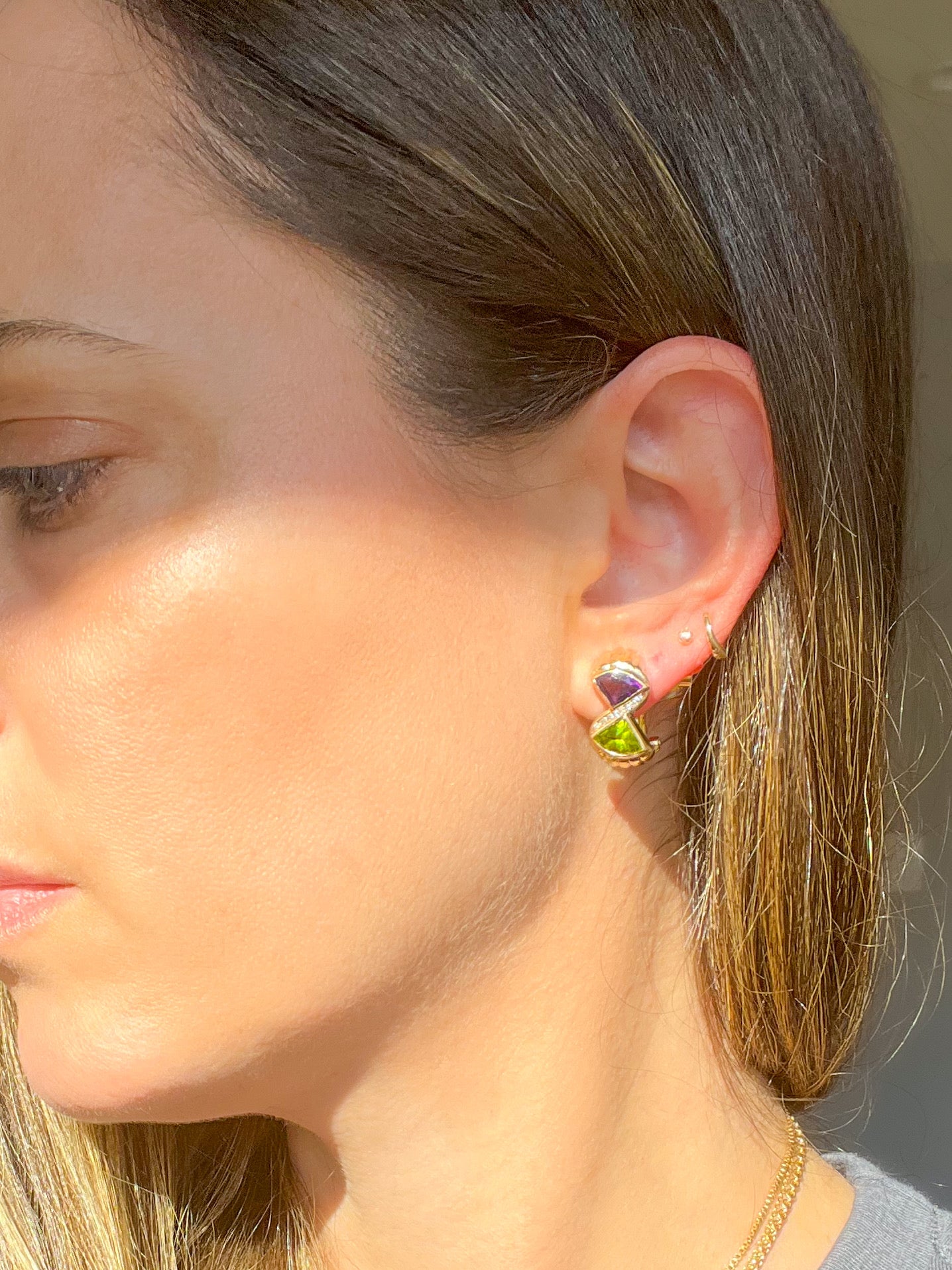 Vintage Natural Amethyst, Peridot and Diamond 14k Yellow Gold Earrings, circa 1980s