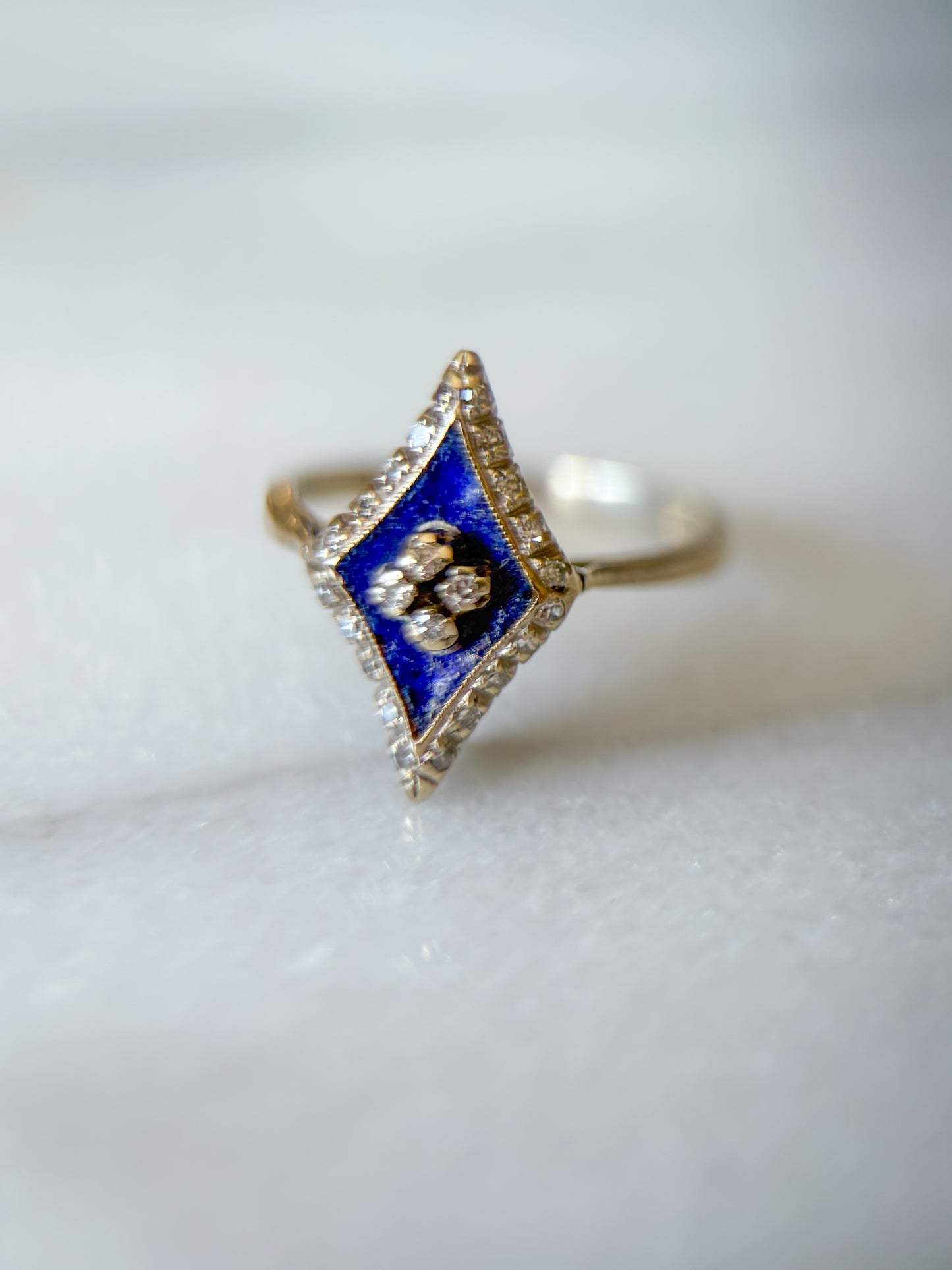 Vintage Enamel and Natural Diamond 10k White Gold Statement Ring