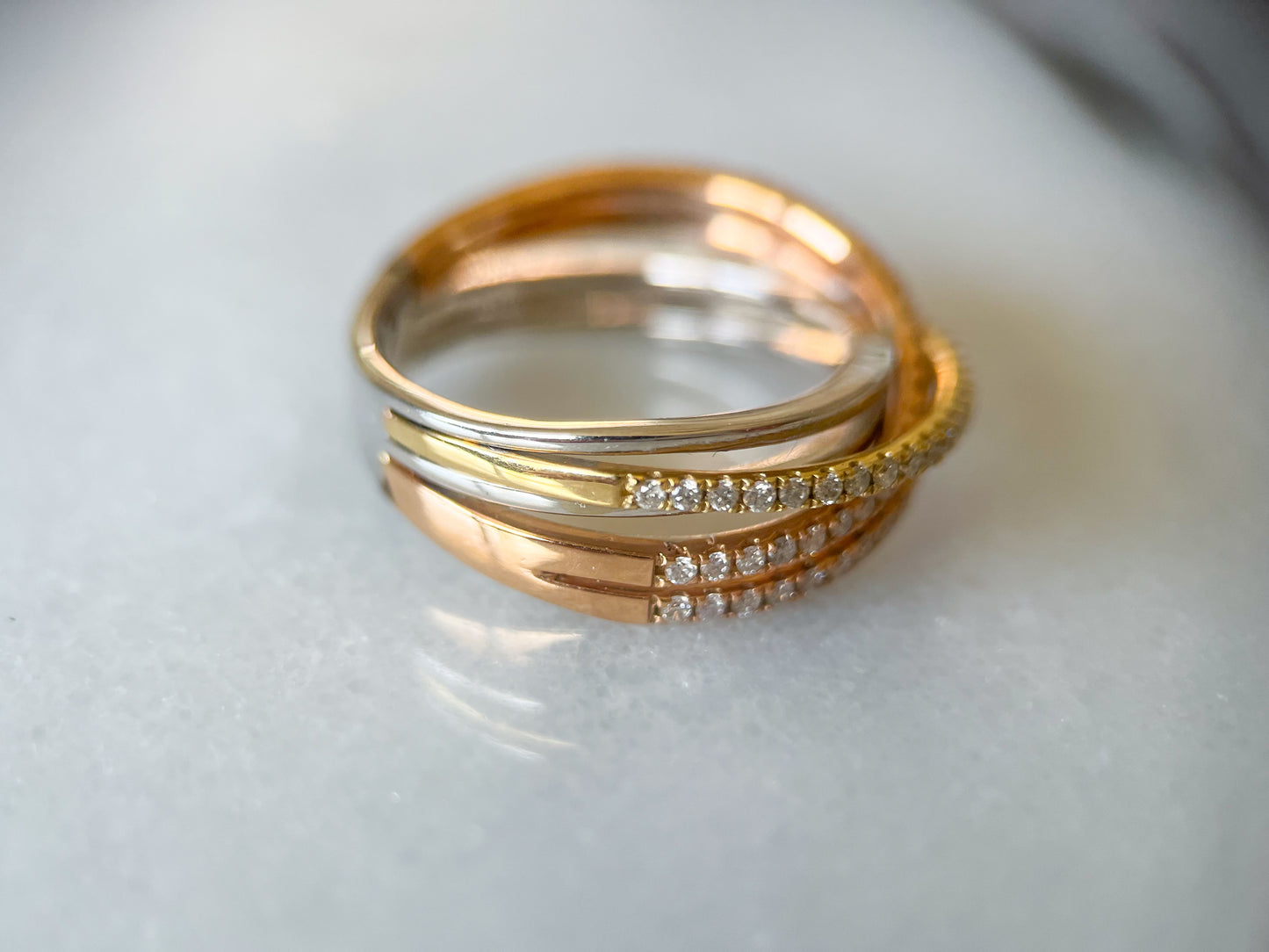 Natural Diamond Tri Colored 14k Yellow and White Gold Band Ring