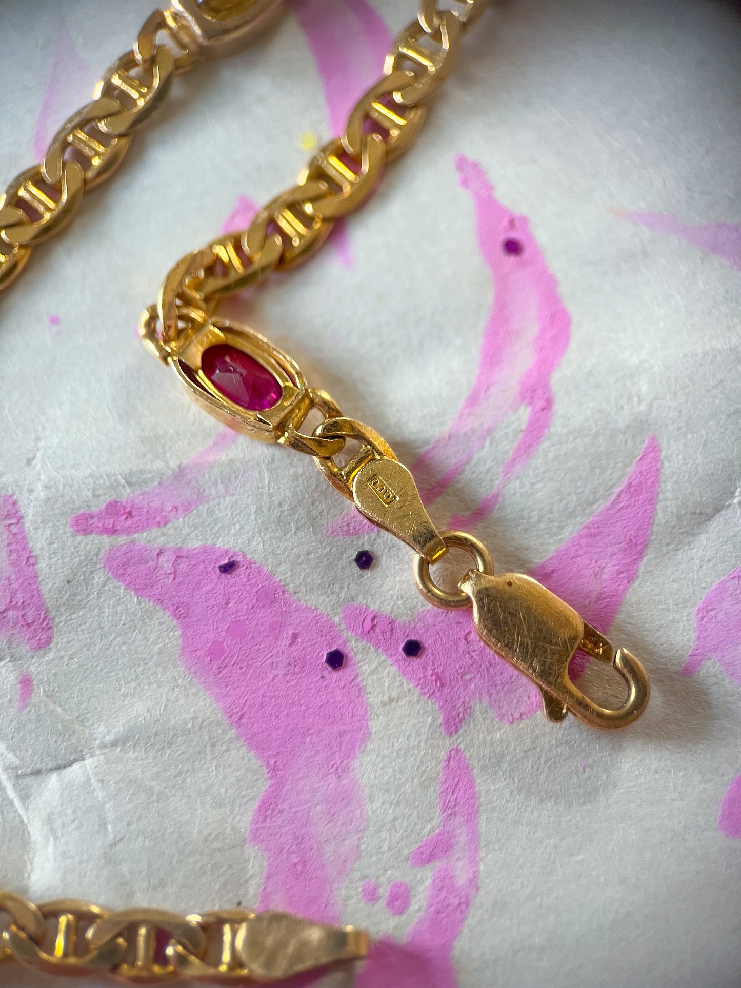 Vintage Multi Gemstone (Synthetic) 14k Yellow Gold Mariner Chain 8 Inch Bracelet