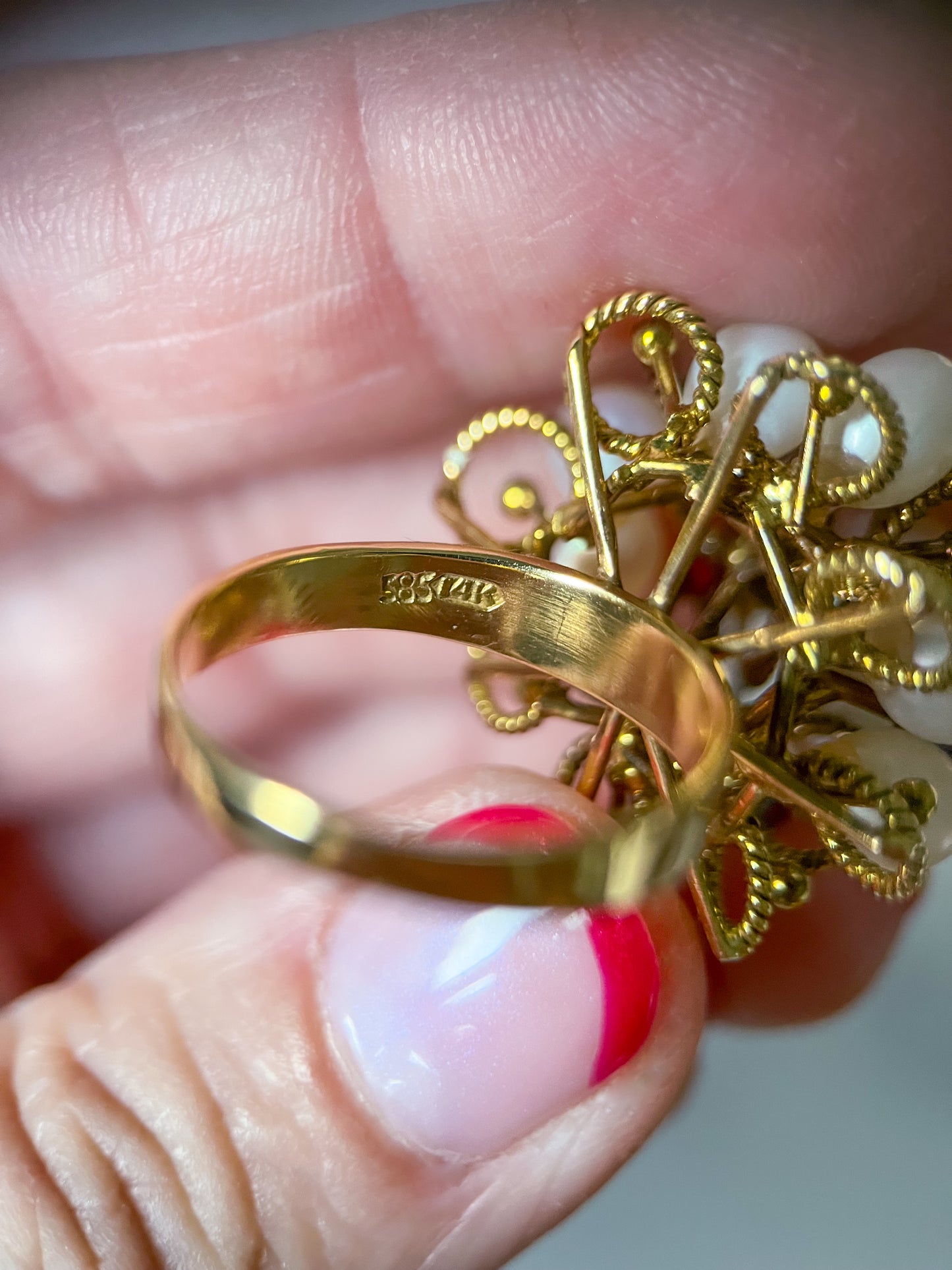Vintage Cocktail Ring with Pearls and Rubies set in 14k Yellow Gold