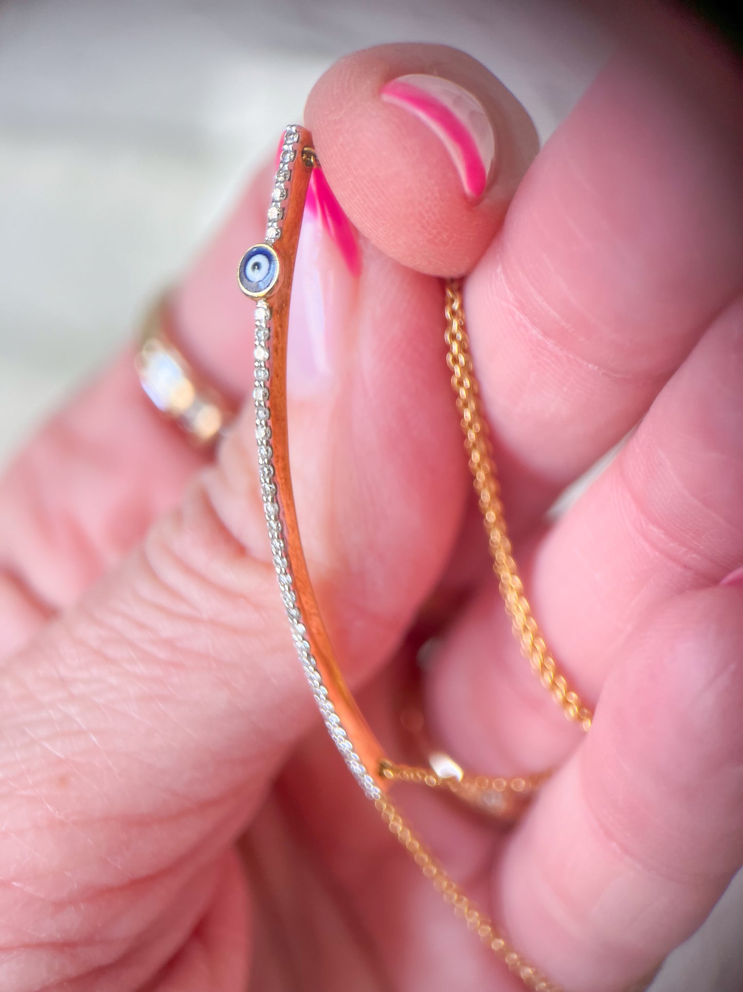 18k Yellow Gold and Rose Gold Natural Diamond Evil Eye Chain 7 Inch Bracelets